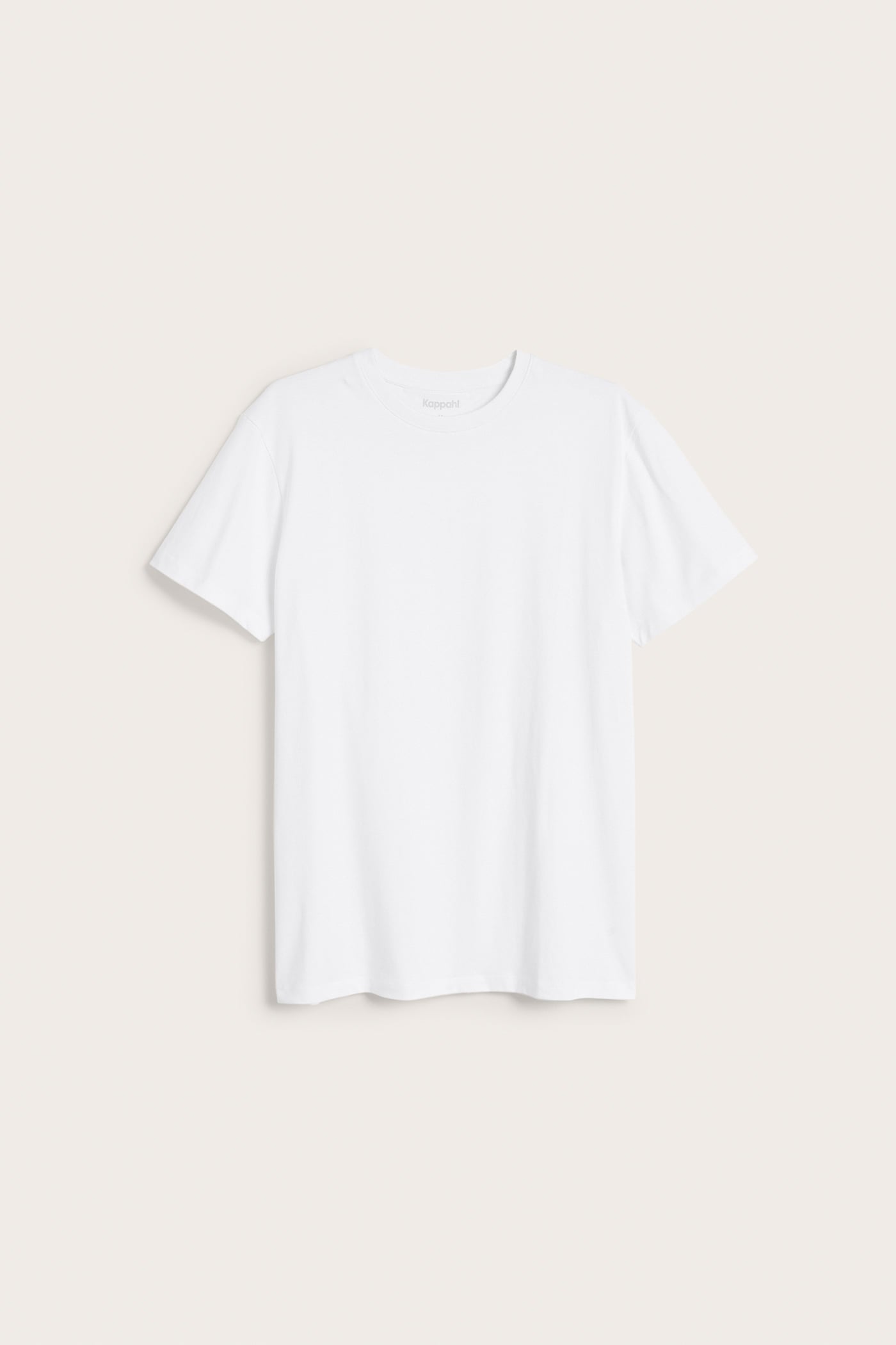 Framifrån, en enfärgad vit herr-t-shirt med rund halsringning i 100% bomull.
