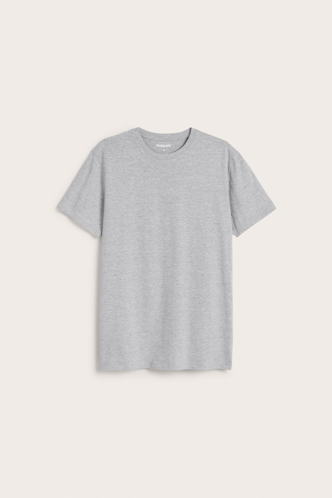 Frontvy av en melerad grå rundhalsad t-shirt för herr i bomullsblandning.