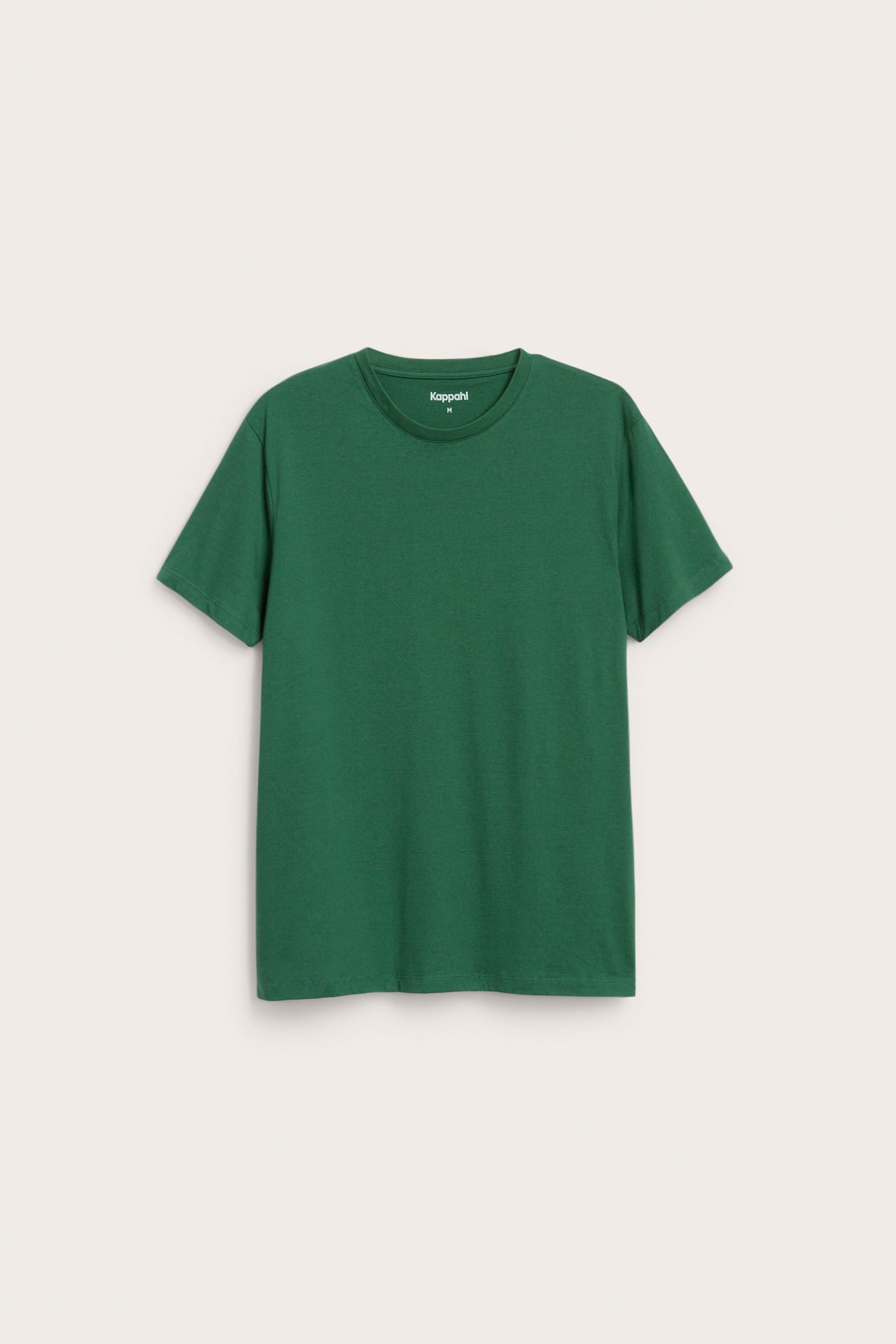 Framifrån, en enfärgad, mörkgrön kortärmad t-shirt för män i bomull med rund hals.