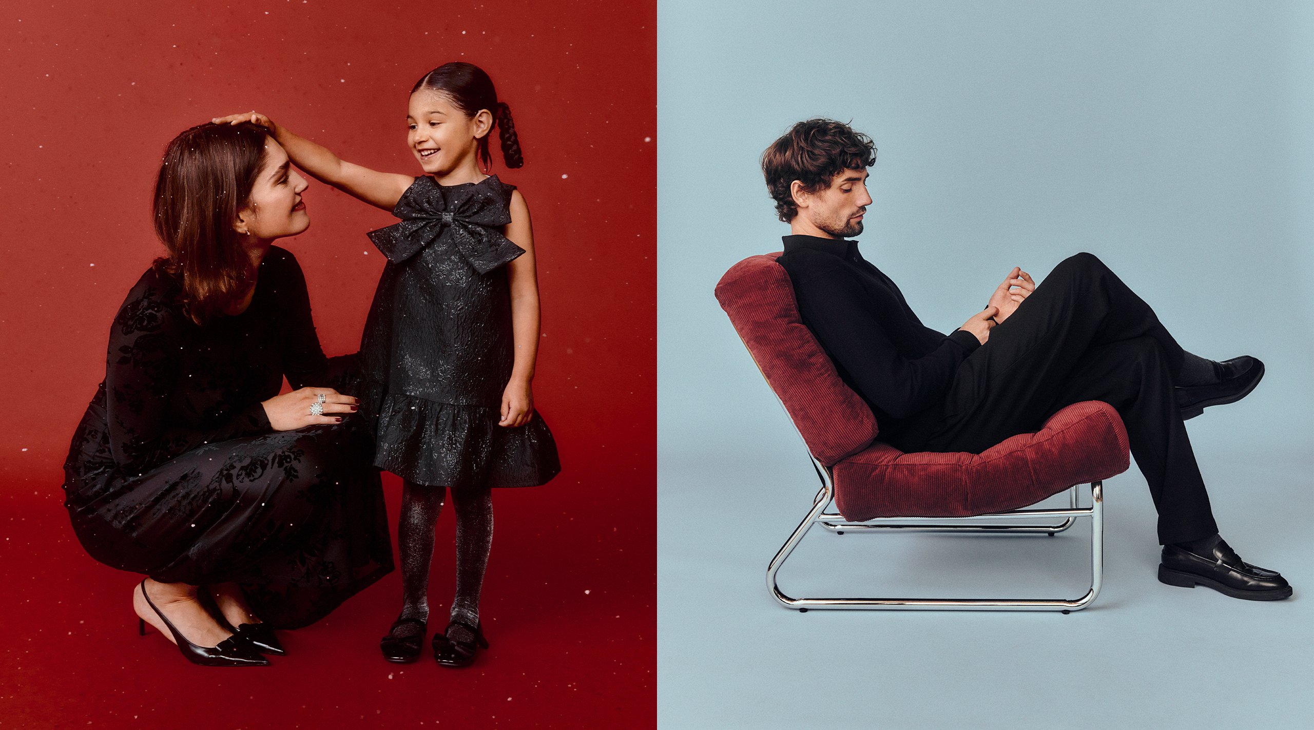 Kobieta i dziewczynka w świątecznych strojach na czerwonym tle pokrytym śniegiem.