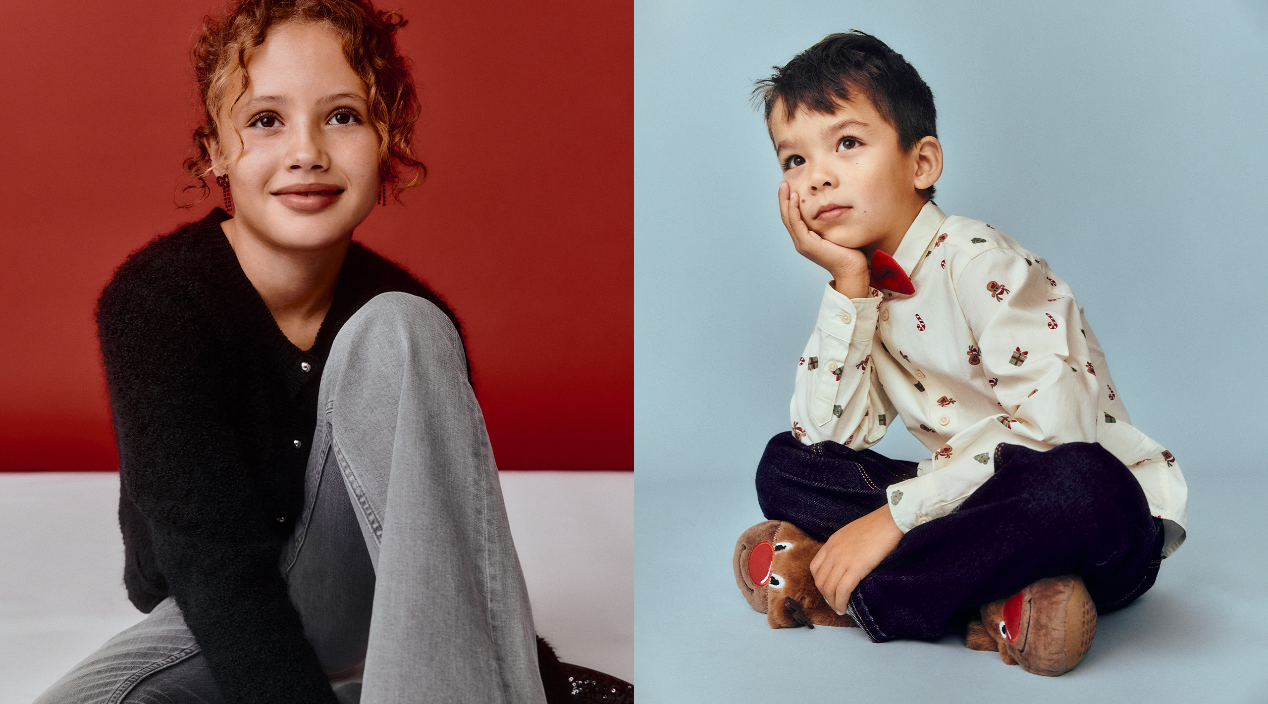 Lapset juhlavissa jouluvaatteissa.