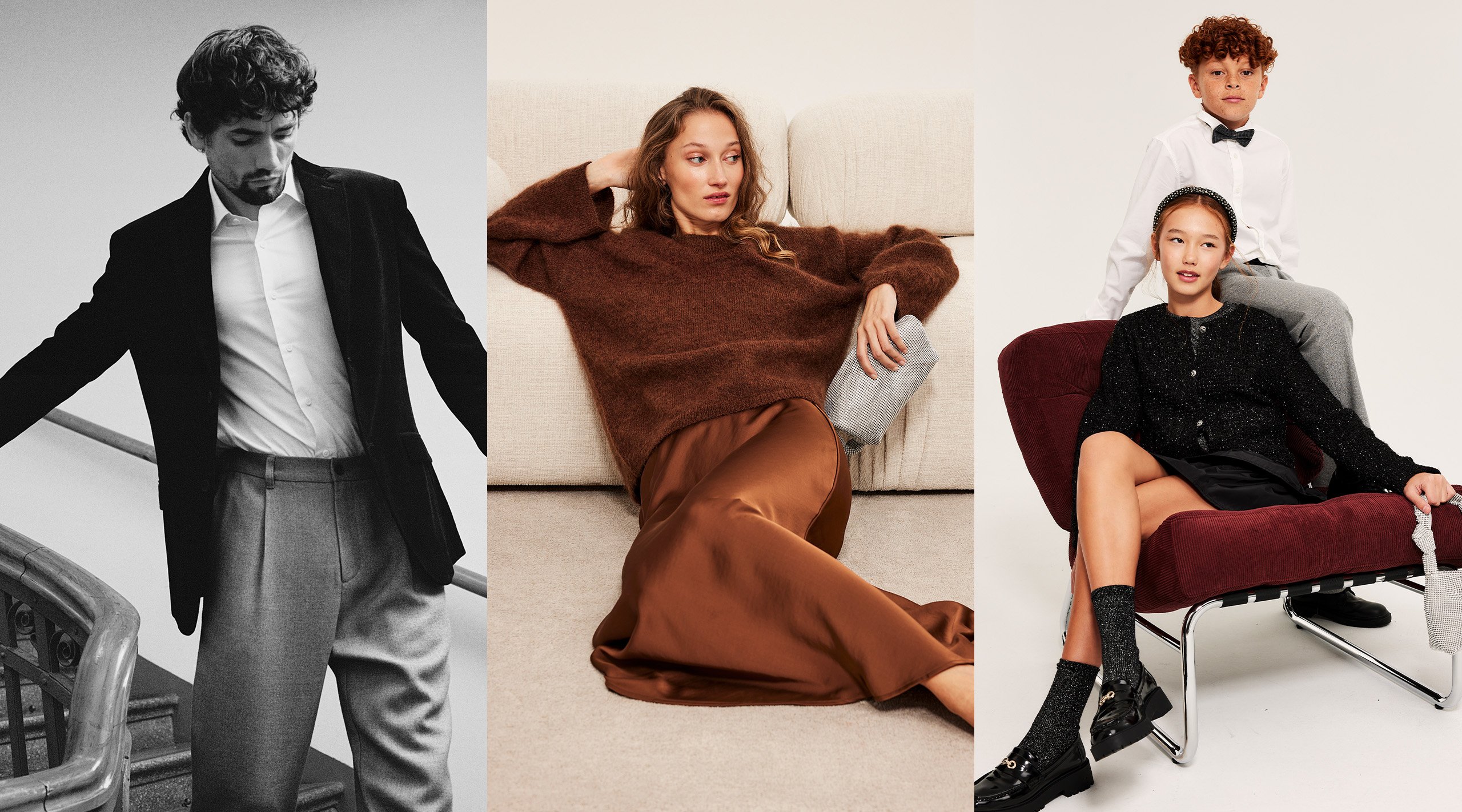 Kolaż przedstawiający kobiety, mężczyzn i dzieci w świątecznych strojach ze sklepu Kappahl.