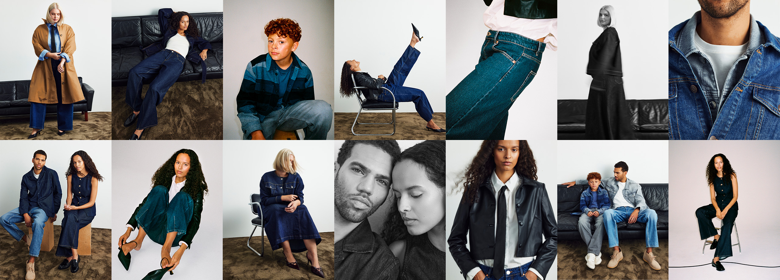 Kollaasi kuvia eri ihmisistä farkkuvaatteissa.