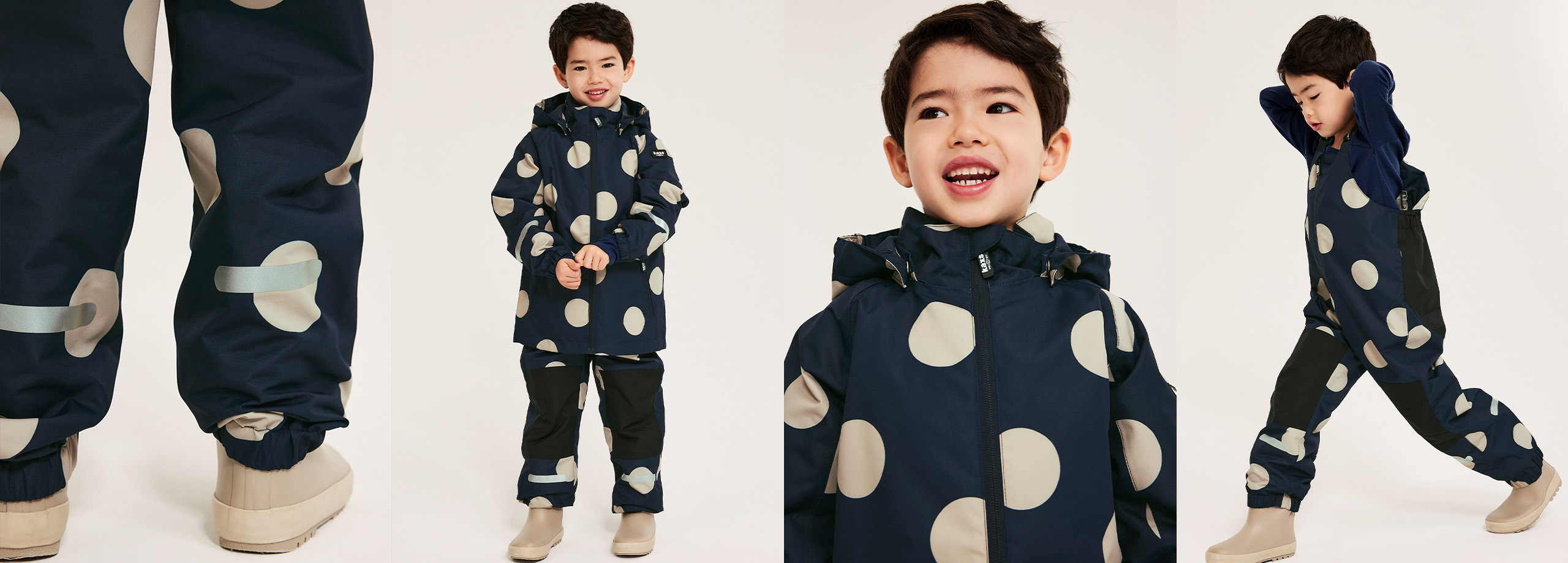 Chłopak w dopasowanych ciemnoniebieskich muszlowych ubraniach z dużymi, beżowymi kropkami.