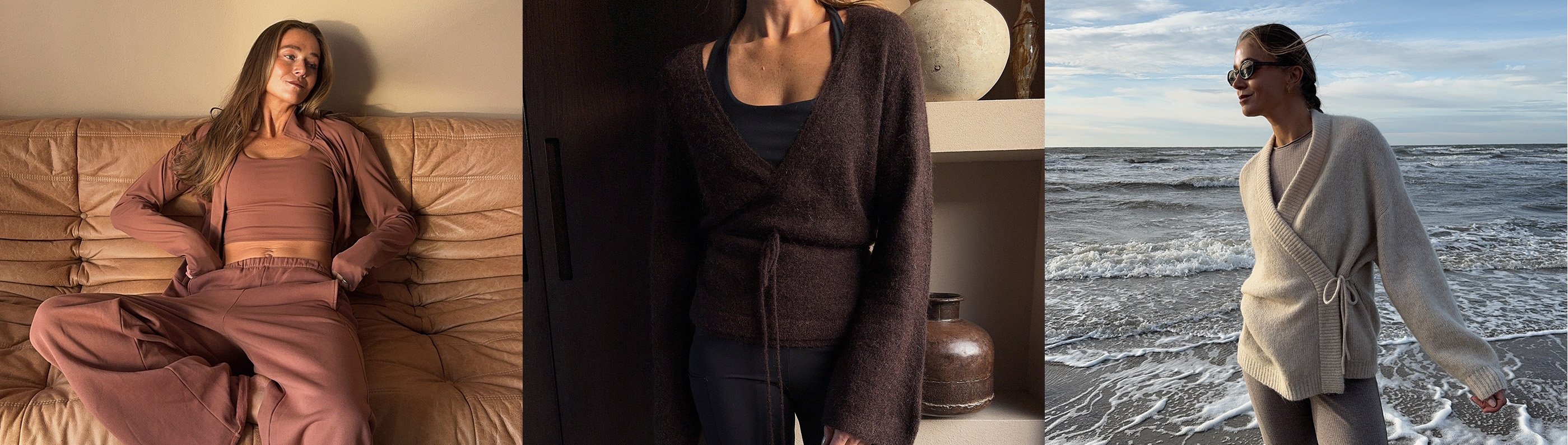 Kvinna med rostfärgade loungewear, stickade tröjor och träningskläder.