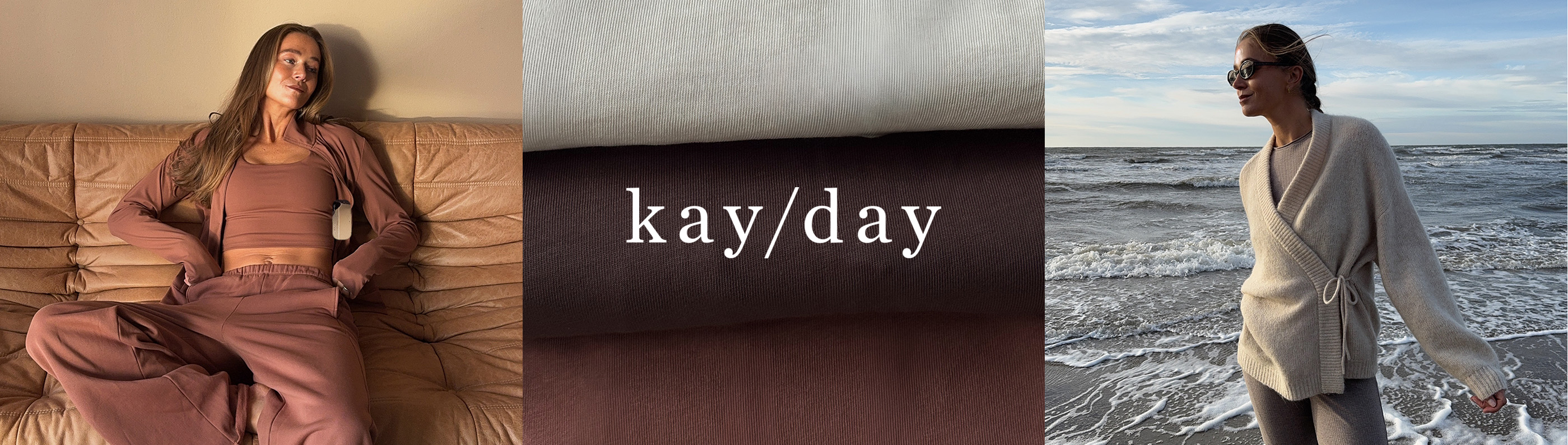 Kayday, Kappahl. Kvinna sitter i soffa med rostfärgade loungewear. Kvinna står vid havet med stickad tröja och träningstights.