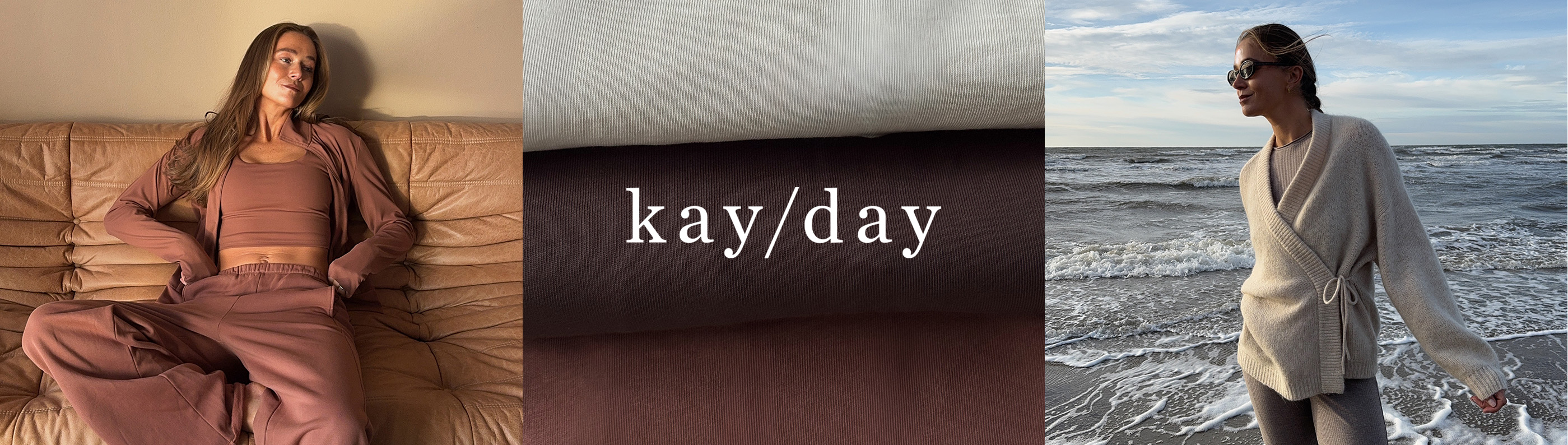 Kayday, Kappahl. Kvinna sitter i soffa med rostfärgade loungewear. Kvinna står vid havet med stickad tröja och träningstights.