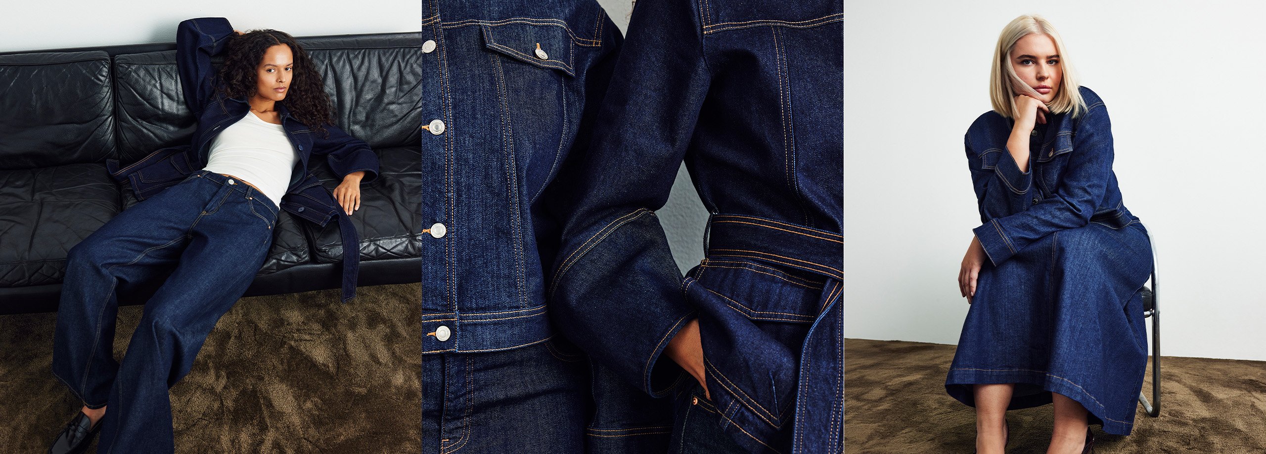 Naisten vaatteet ja plus size -vaatteet, naiset farkuissa, farkkuhame ja siihen sopivat farkkutakit. 