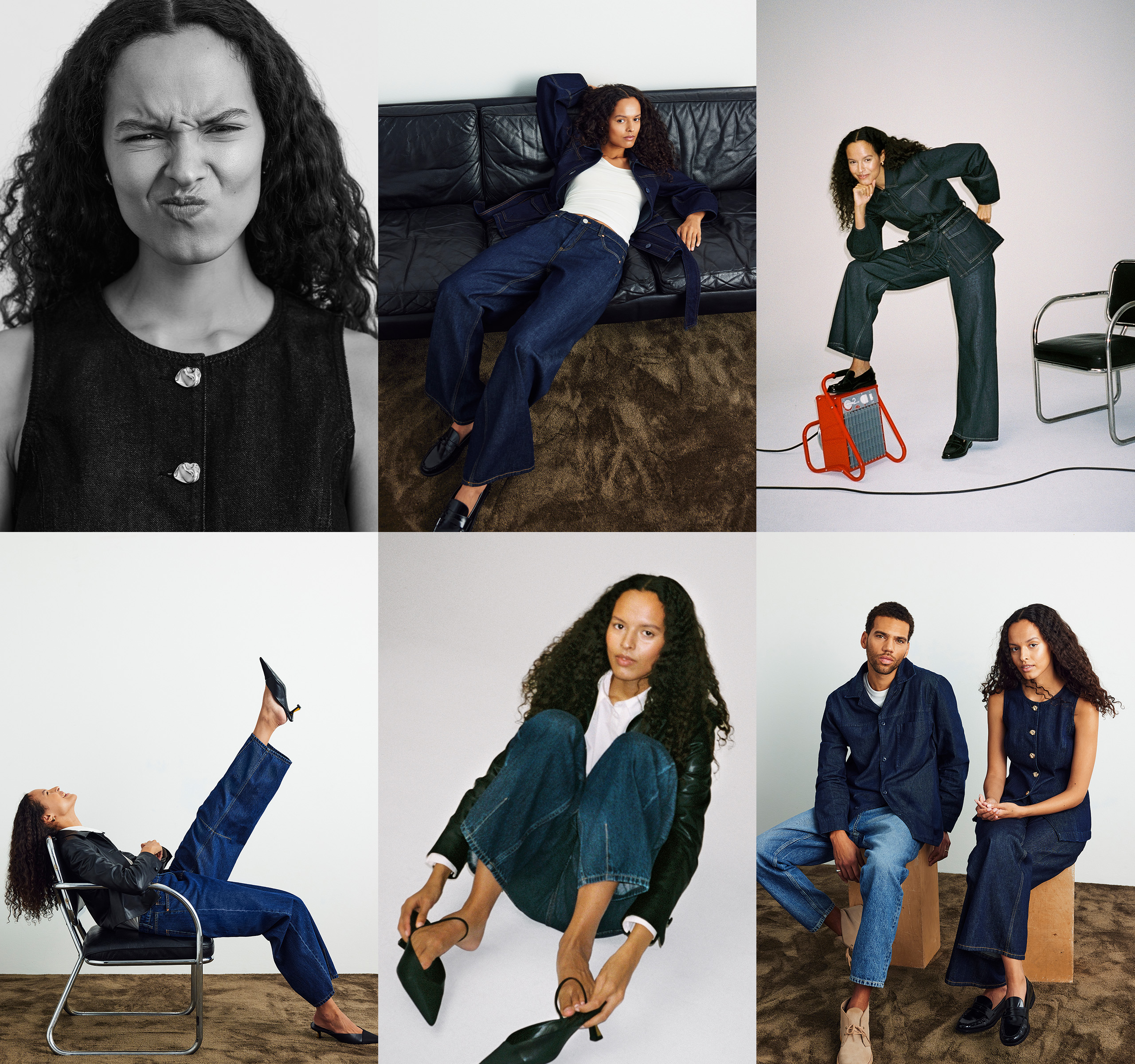 Kollage av bilder på damkläder. Kvinna i jeans och matchande jeansjacka samt vit skjorta och kort jacka i skinnimitation. 