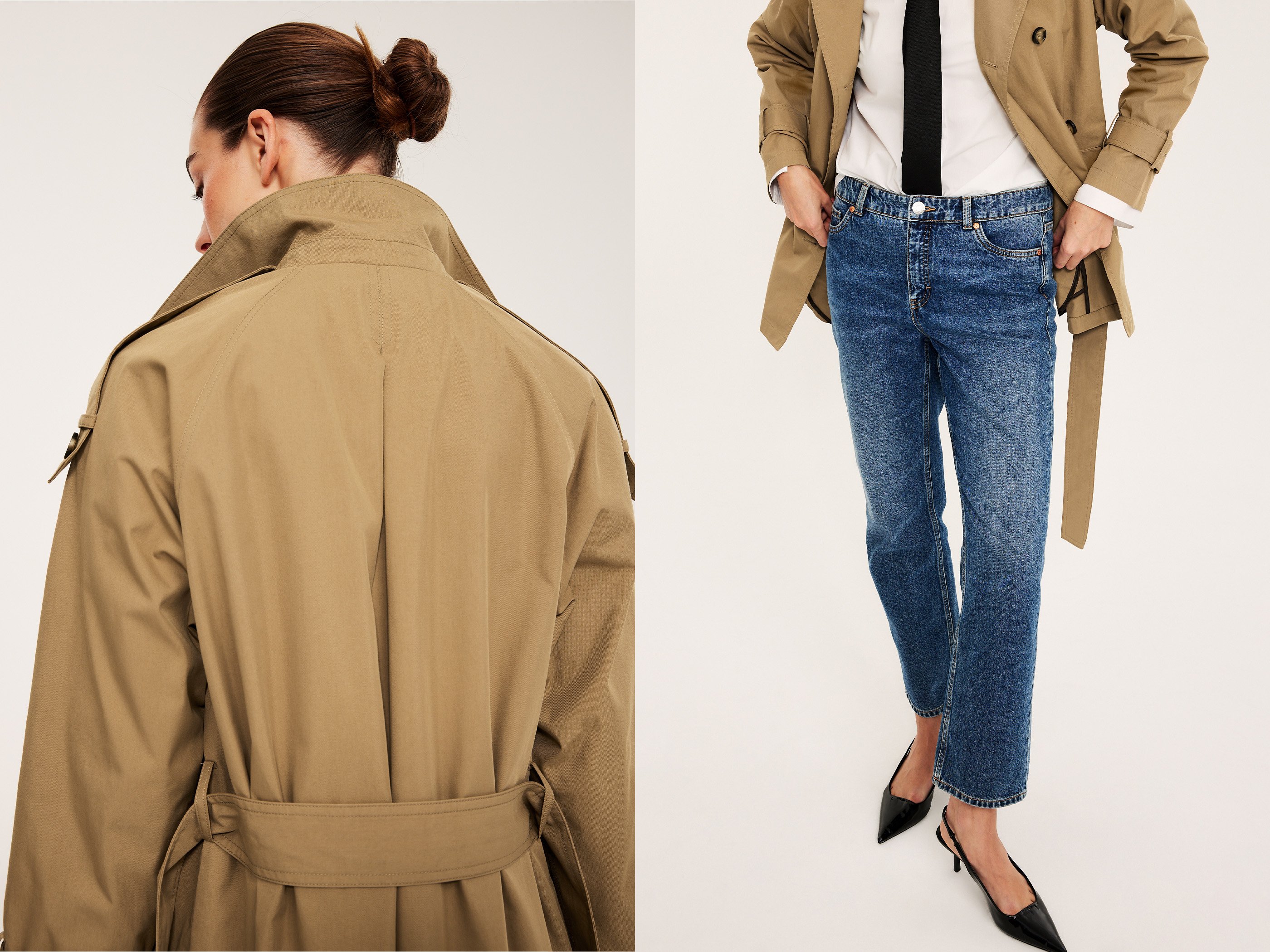 En kvinne kledd i en kort trenchcoat, jeans, skjorte og slips.