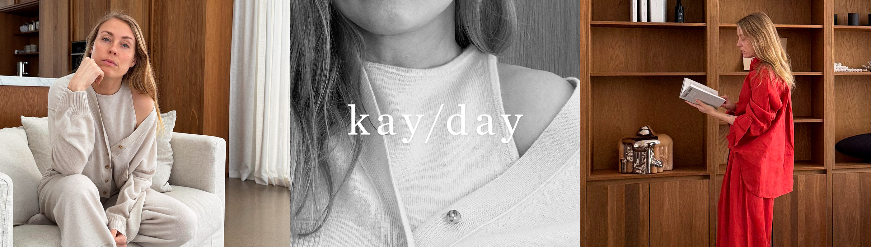 Kvinna med stickat-set och rött linneset.