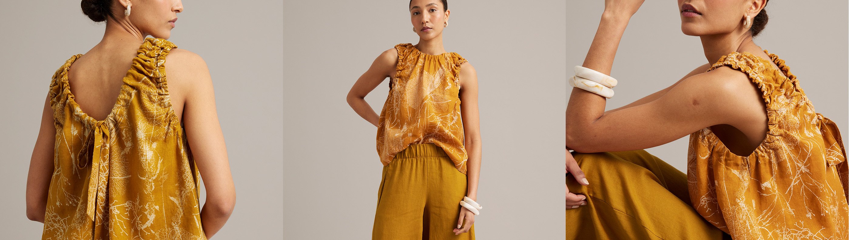 kay/day - linnekläder till dam. Kvinna bär linnebyxor och linne i senapsgult.