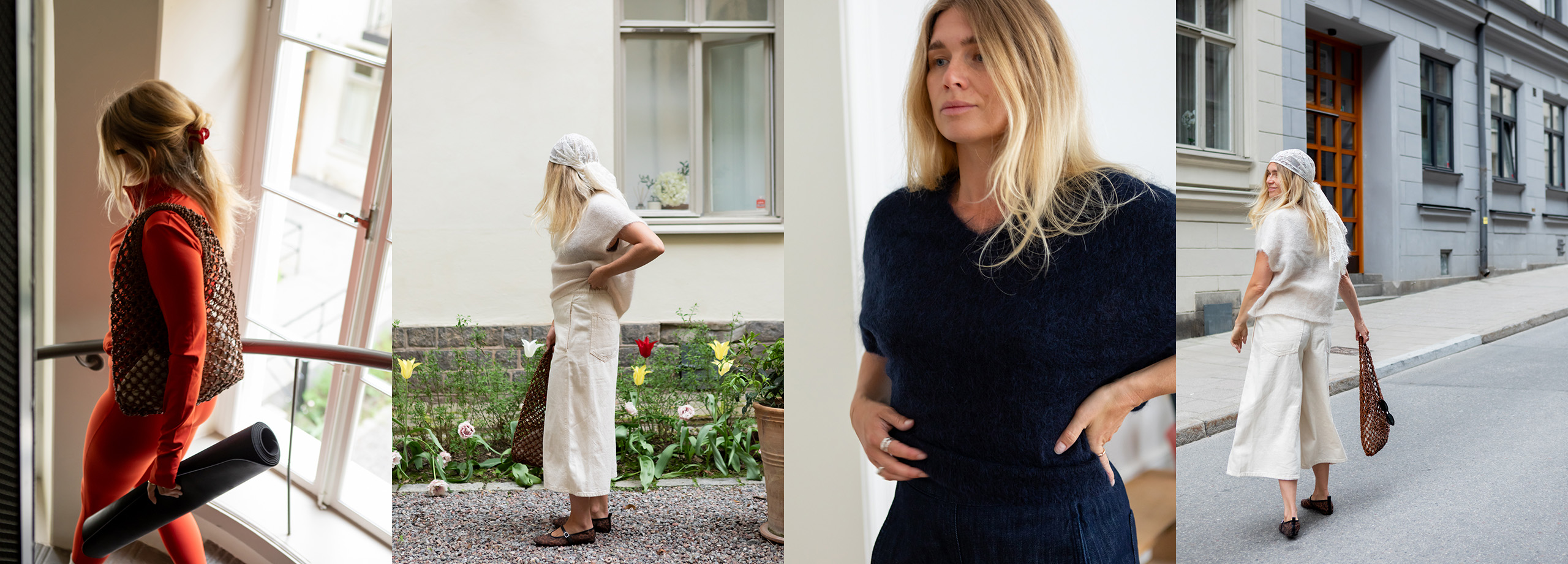 kay/day - damkläder. Kvinna i sommarkläder, ljusa byxor och stickad topp.