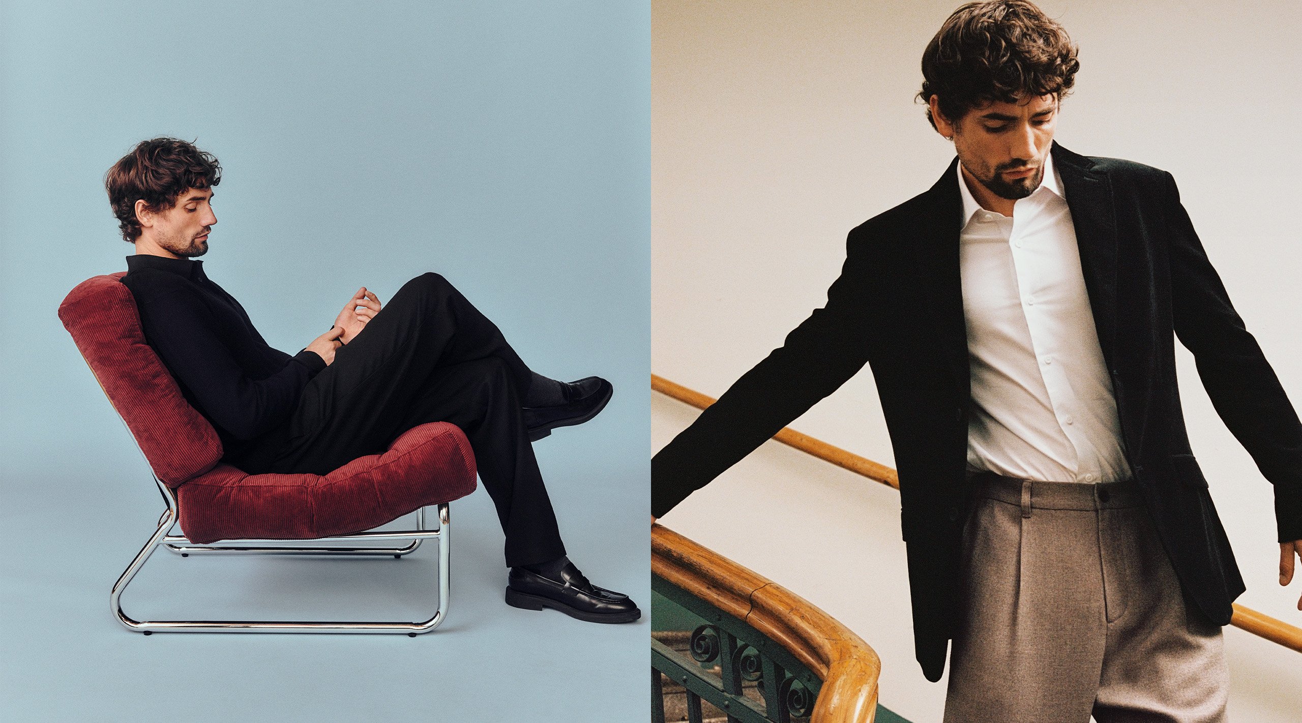 Menn kledd i jakke, skjorte og kledelige bukser i en trappeoppgang.