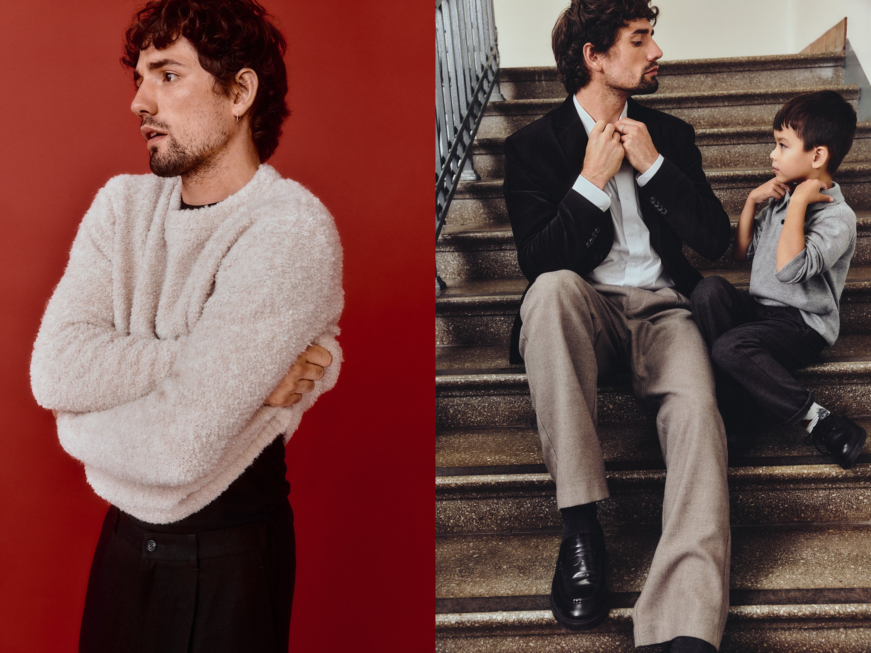 Isä ja poika istuvat rappukäytävässä.