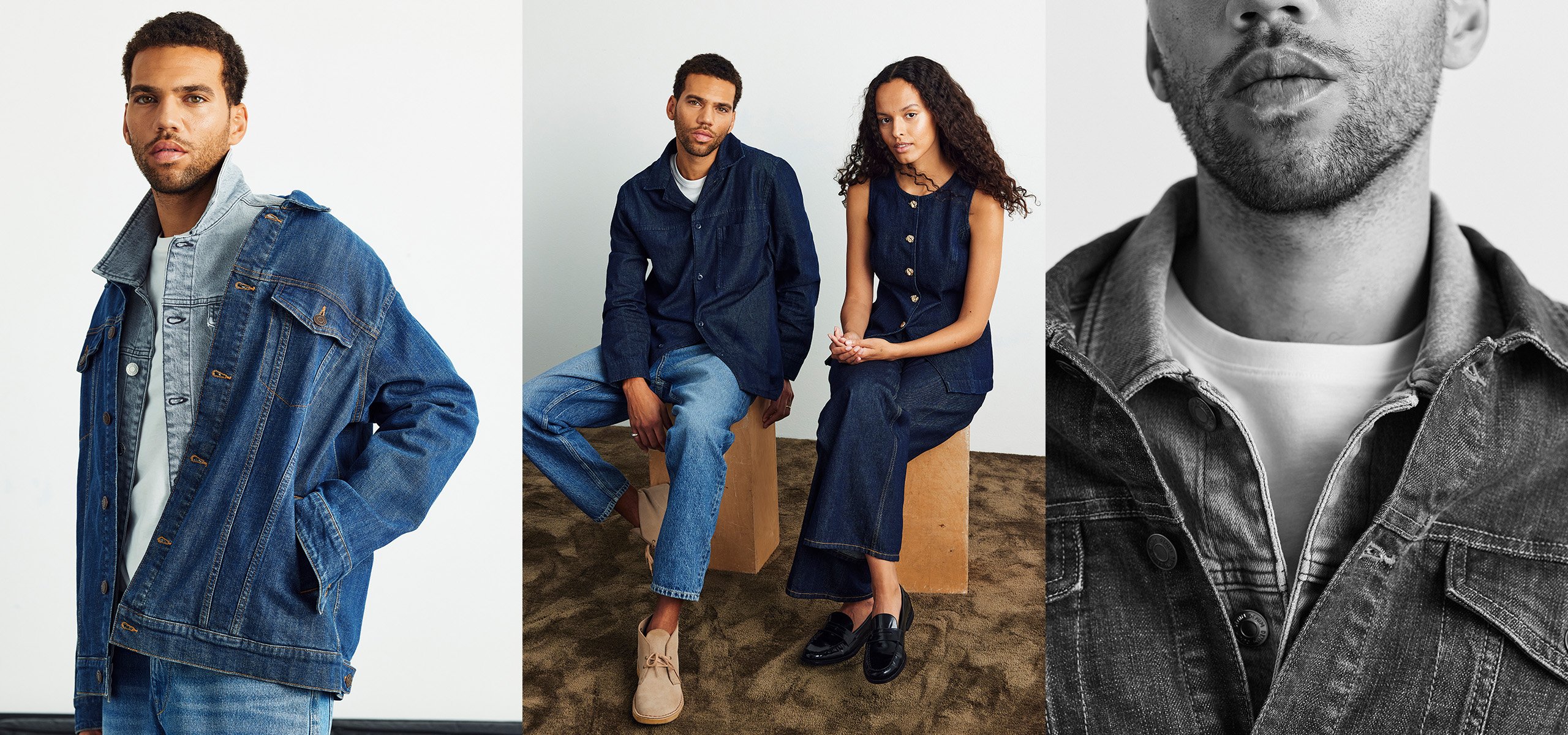 Odzież męska, męska kurtka jeansowa, overshirt z dżinsu i dżinsy.