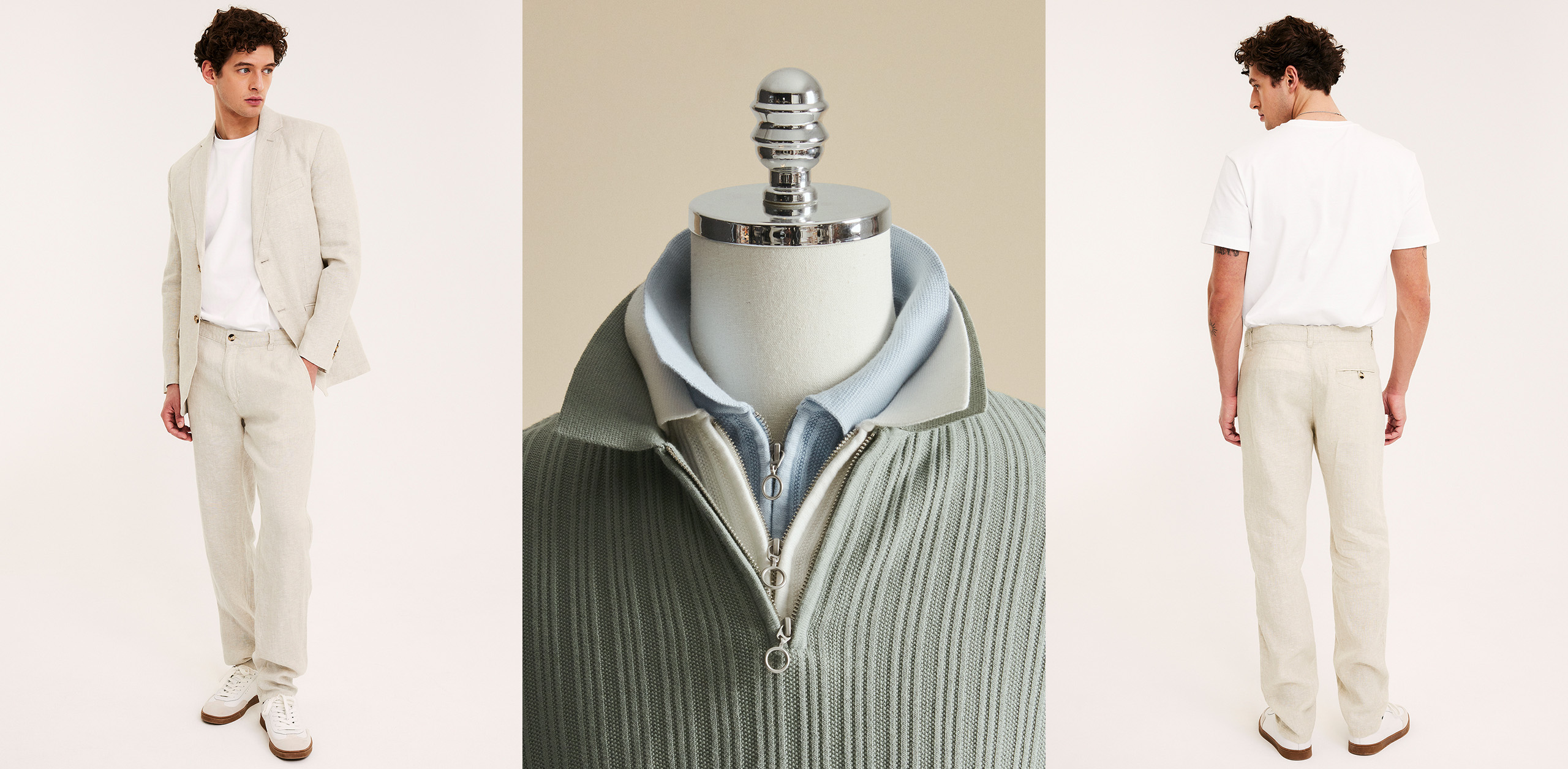 Miesten juhlapuvut. Beige pellavapuku ja neulotut lyhythihaiset puserot. 