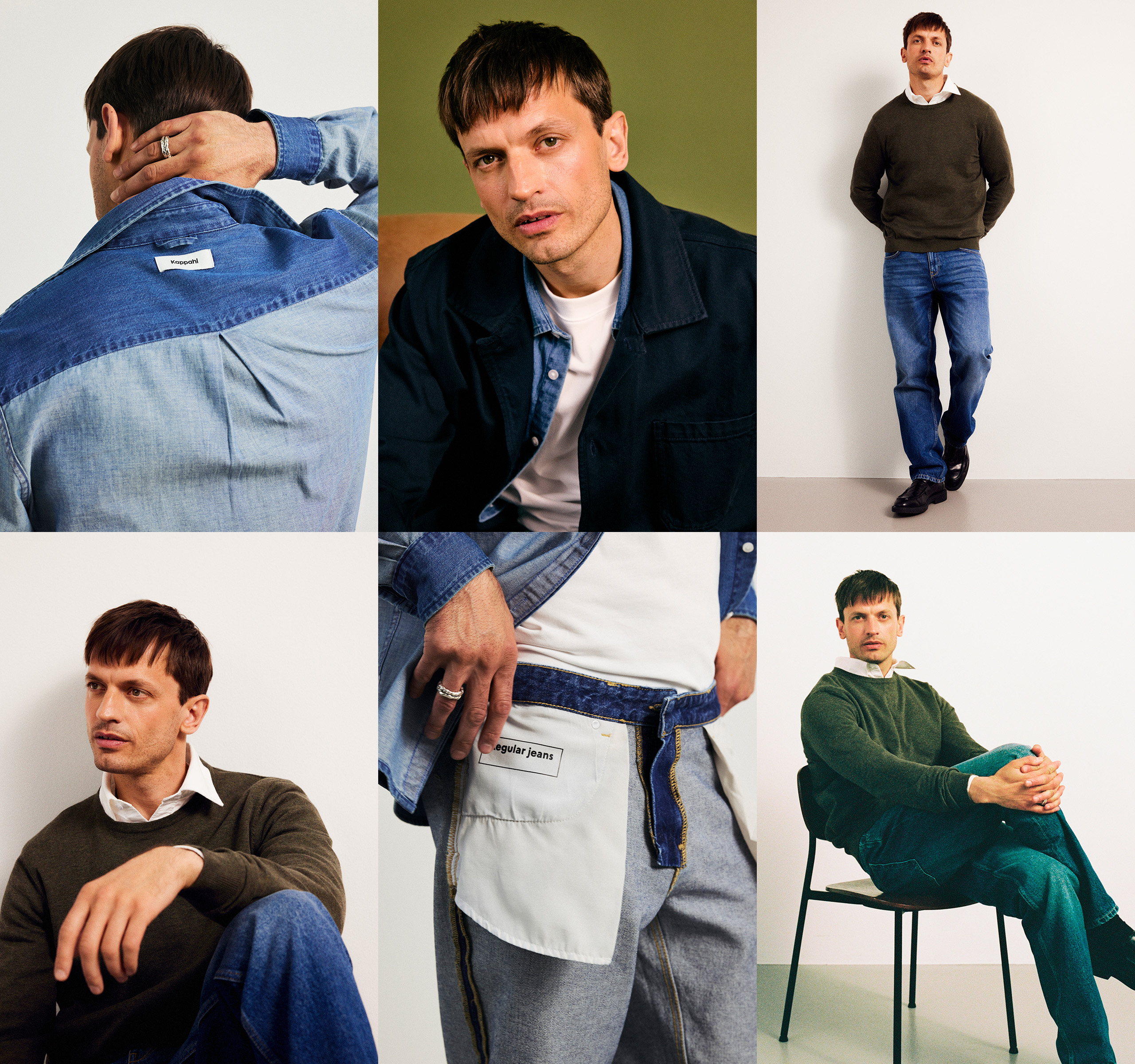 Herrkläder - kollage av bilder på en man som bär jeans, jeansskjorta, stickad tröja, t-shirt.