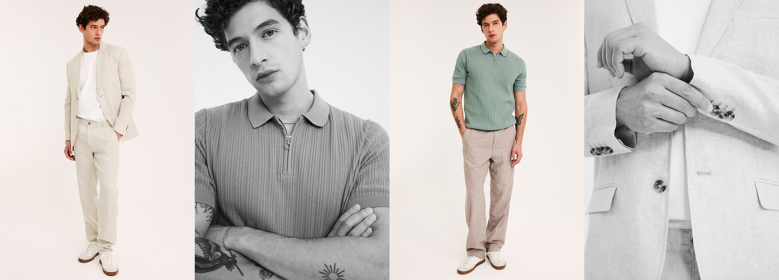 Strój wieczorowy dla mężczyzn. Ubrania z lnu w połączeniu z krótkim rękawem swetrów z dzianiny oraz dodatkami. 