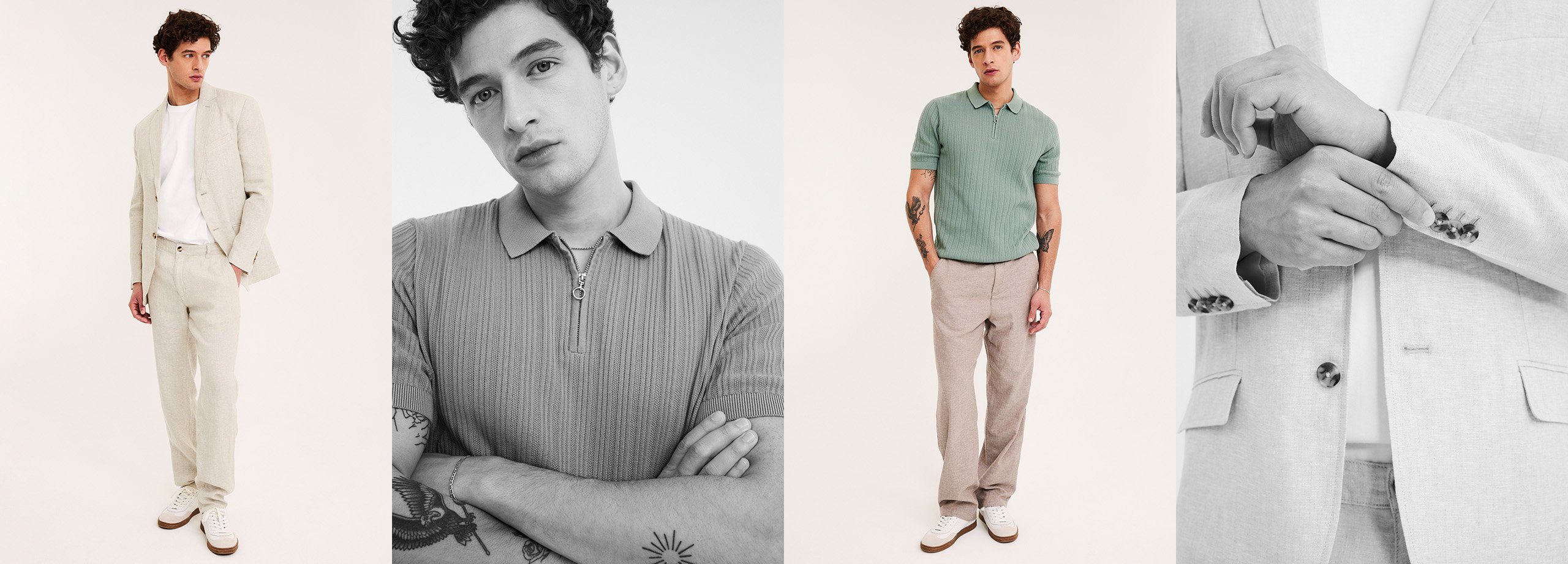 Strój wieczorowy dla mężczyzn. Ubrania z lnu w połączeniu z krótkim rękawem swetrów z dzianiny oraz dodatkami.