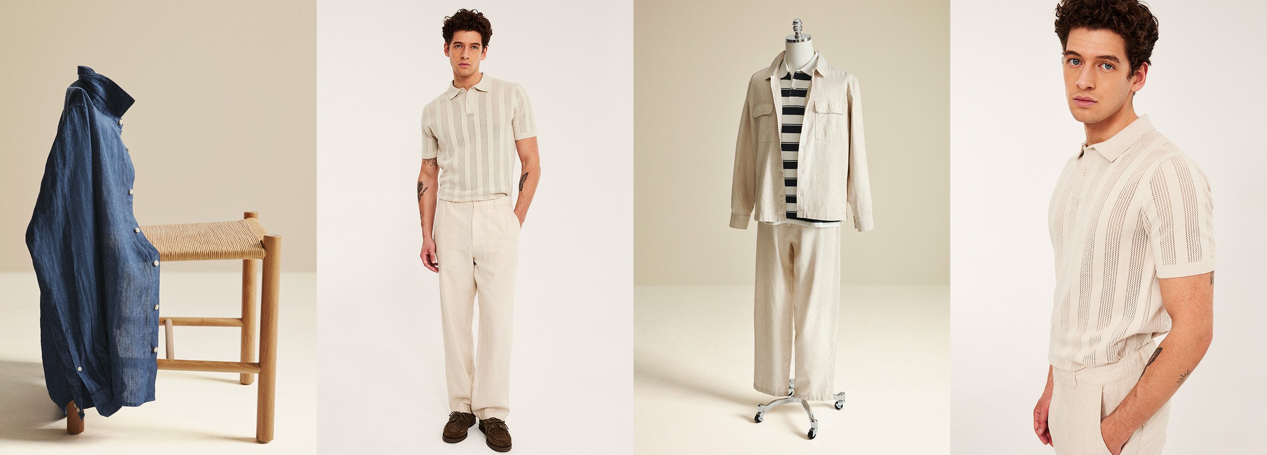 Festkläder till män. Linnekläder matchat med kortärmade stickade tröjor och accessoarer. 