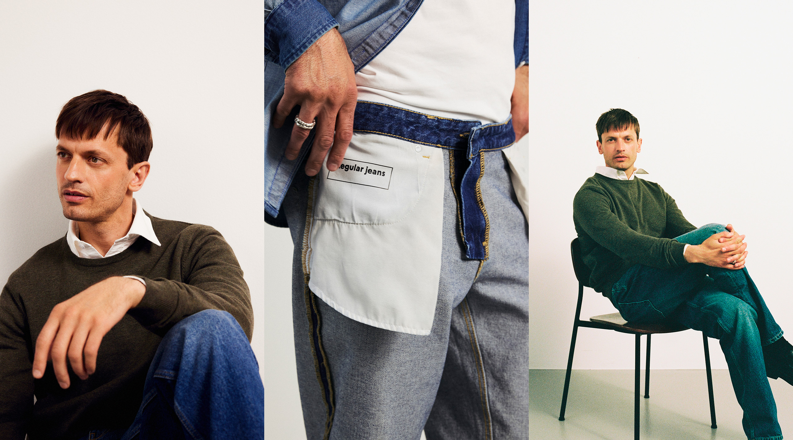 Odzież męska – kolaż zdjęć mężczyzny ubranego w dżinsy, koszulę typu overshirt, koszulkę i sweter z dzianiny.