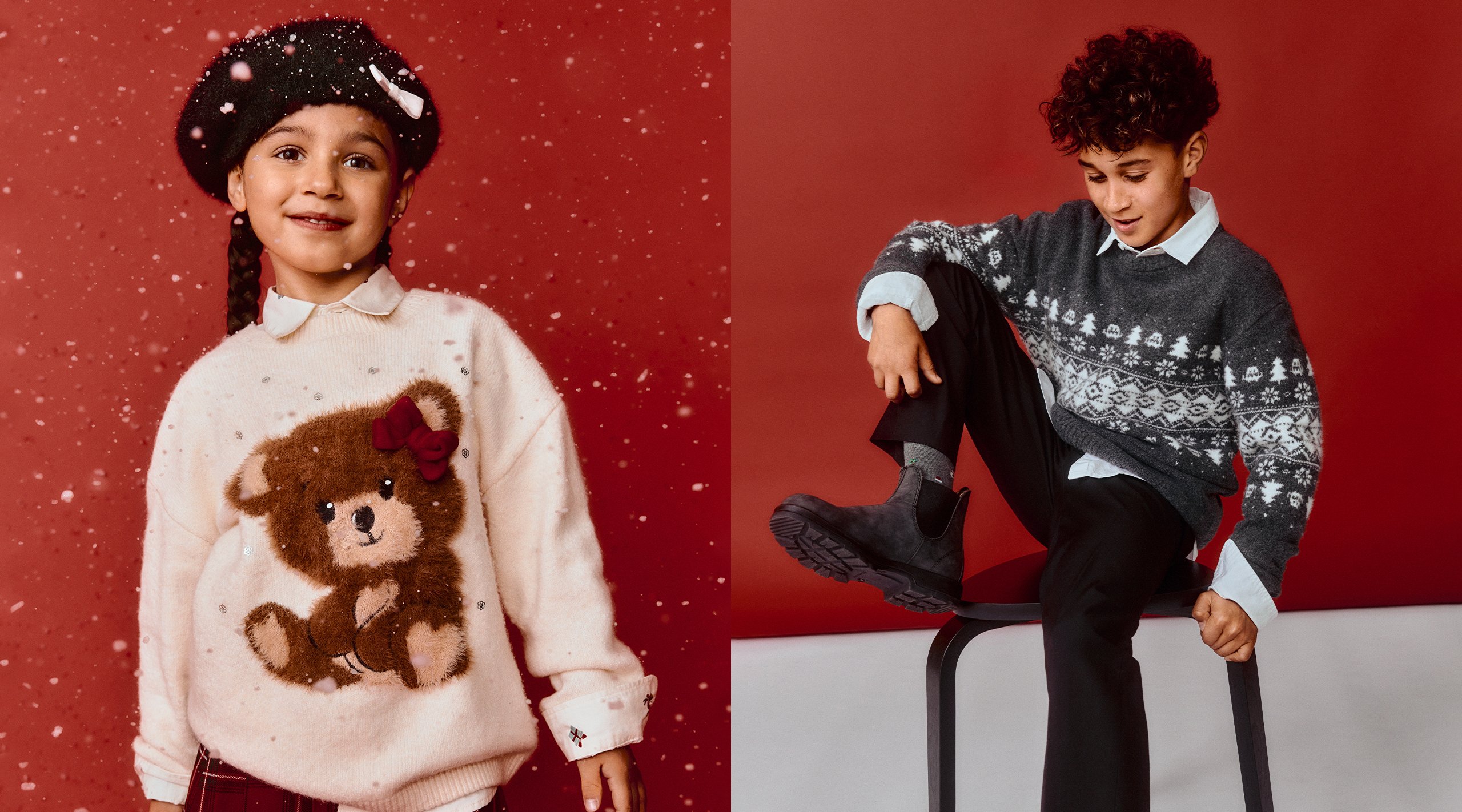 Lapset juhlavissa jouluvaatteissa.