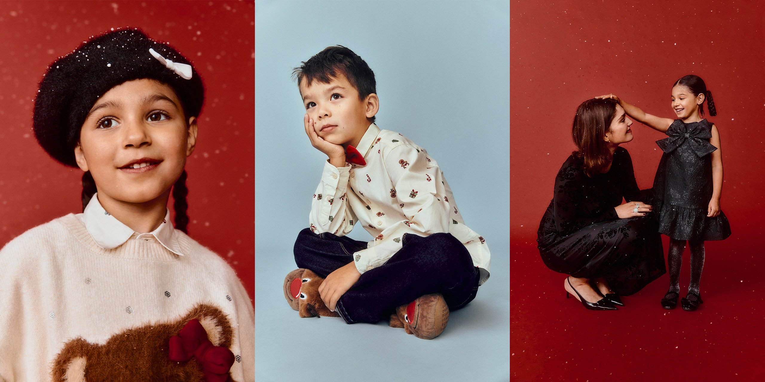 Lapset juhlavissa jouluvaatteissa.