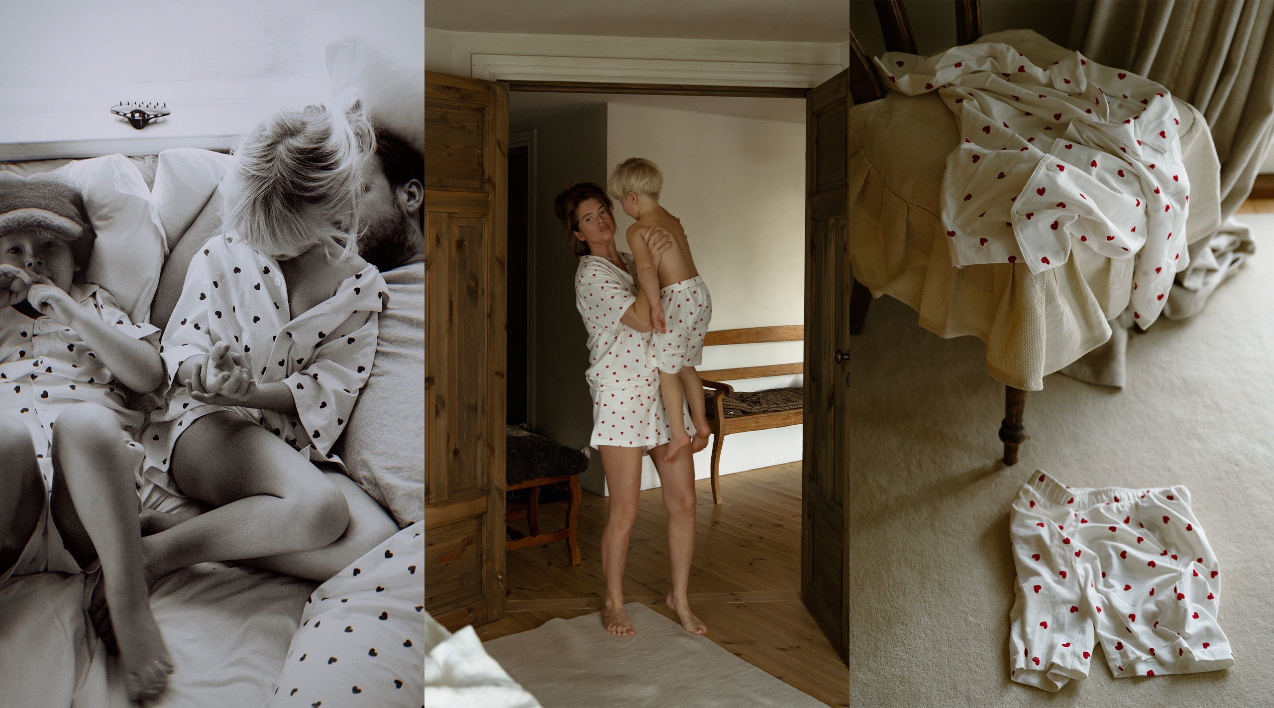 En kvinna, en man och två barn i matchande hjärtmönstrade pyjamasar.