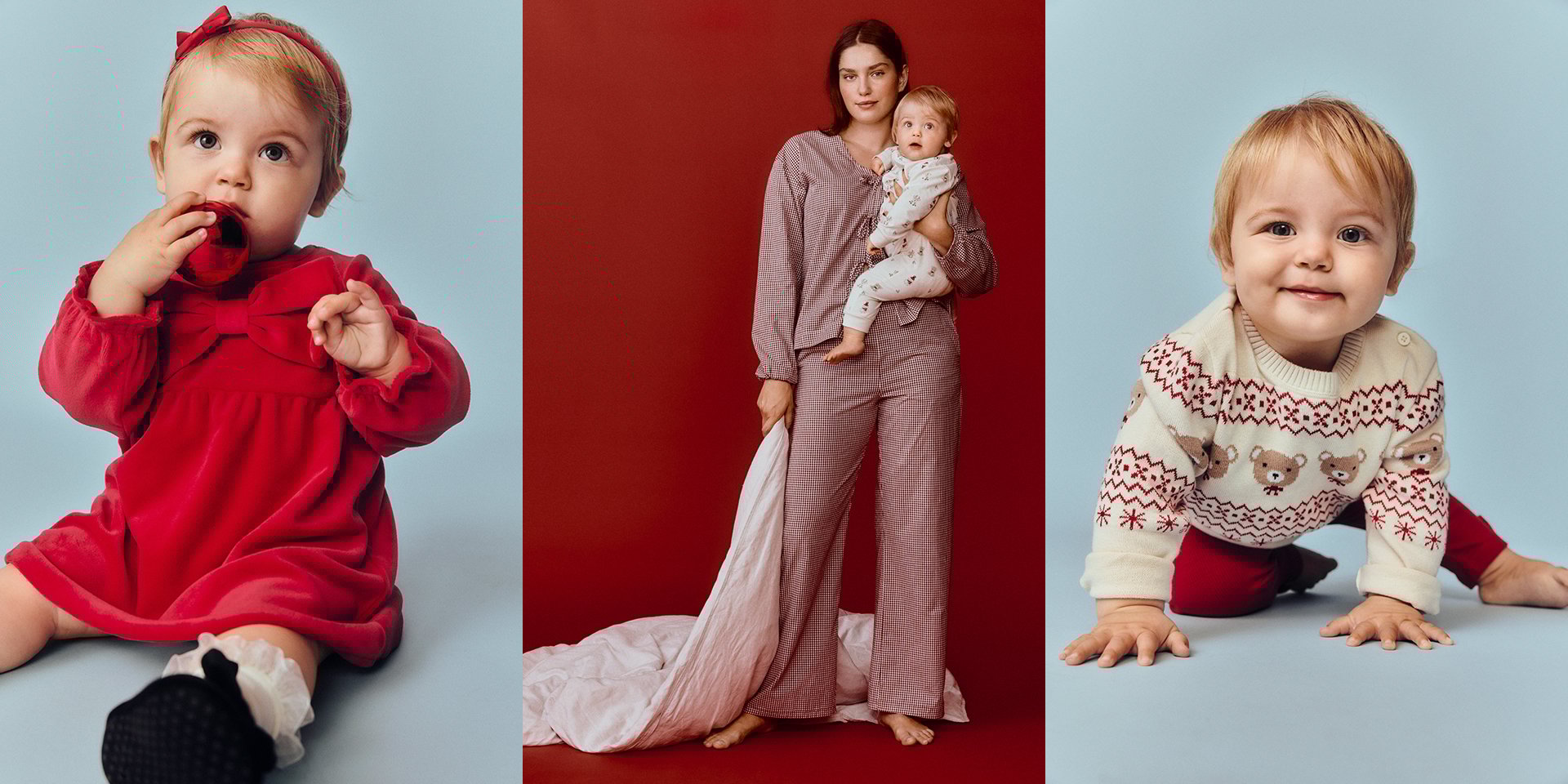 Niemowlęta ubrane w świąteczne ubranka od Kappahl Baby.