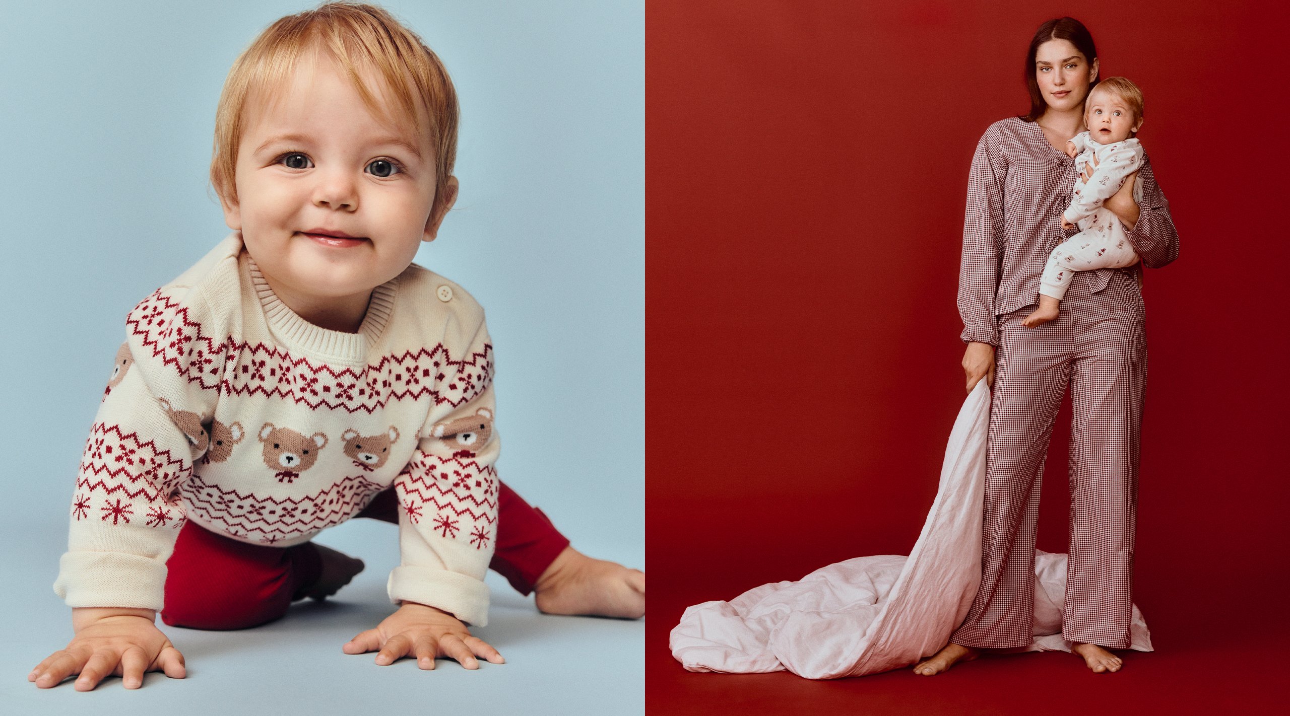 Vauva ja äiti halailevat jouluvaatteissa Kappahlista.