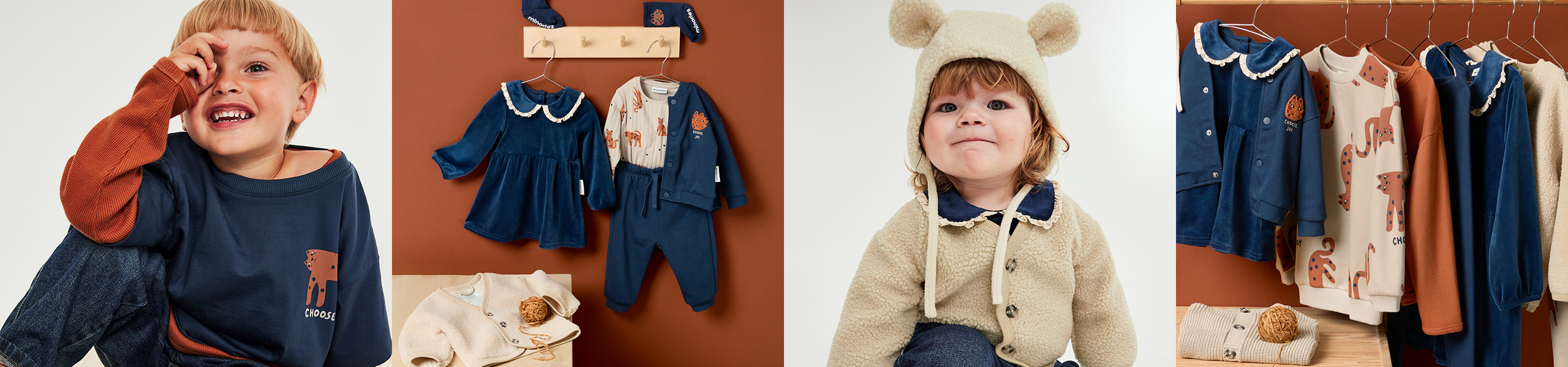 Lapsia ja vauvoja Minoriesin vaatteissa, joissa on gepardikuvioita.