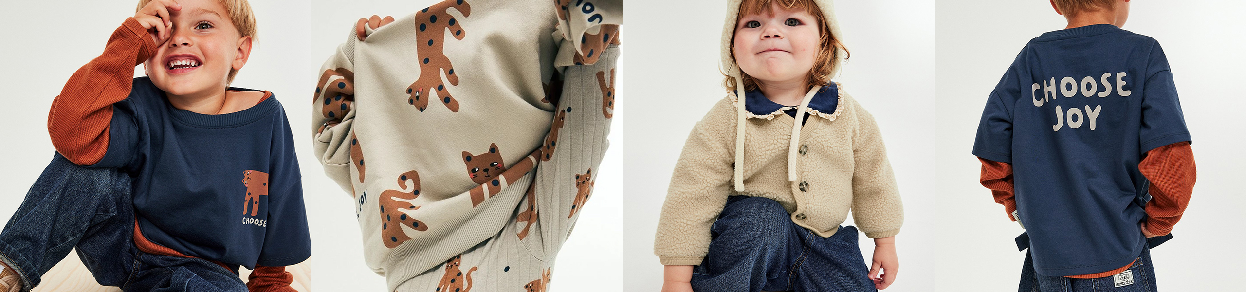 Lapset pukeutuneina Minoiren uuden gepardi-aiheisen malliston vaatteisiin.