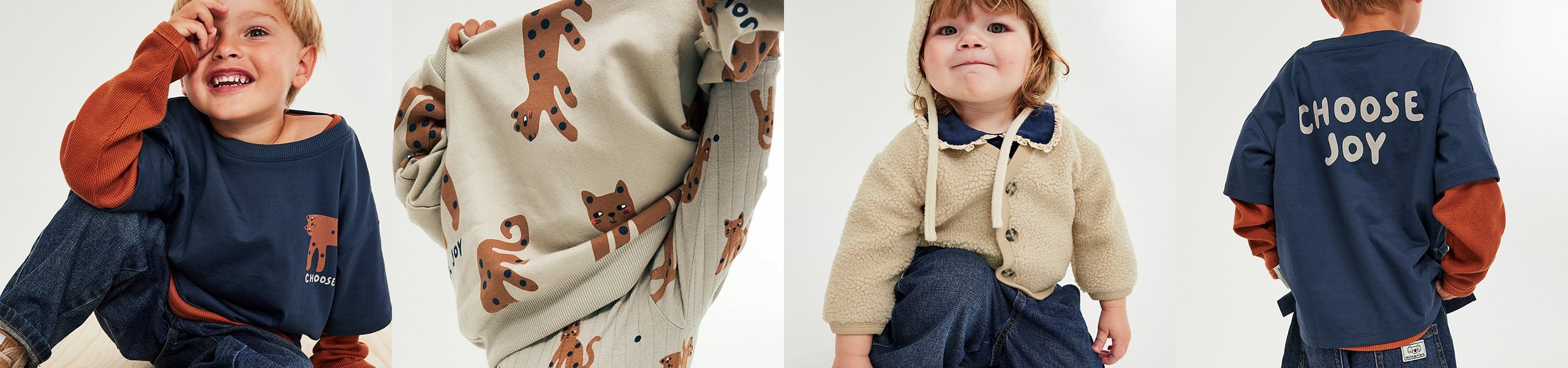 Lapset pukeutuneina Minoiren uuden gepardi-aiheisen malliston vaatteisiin.