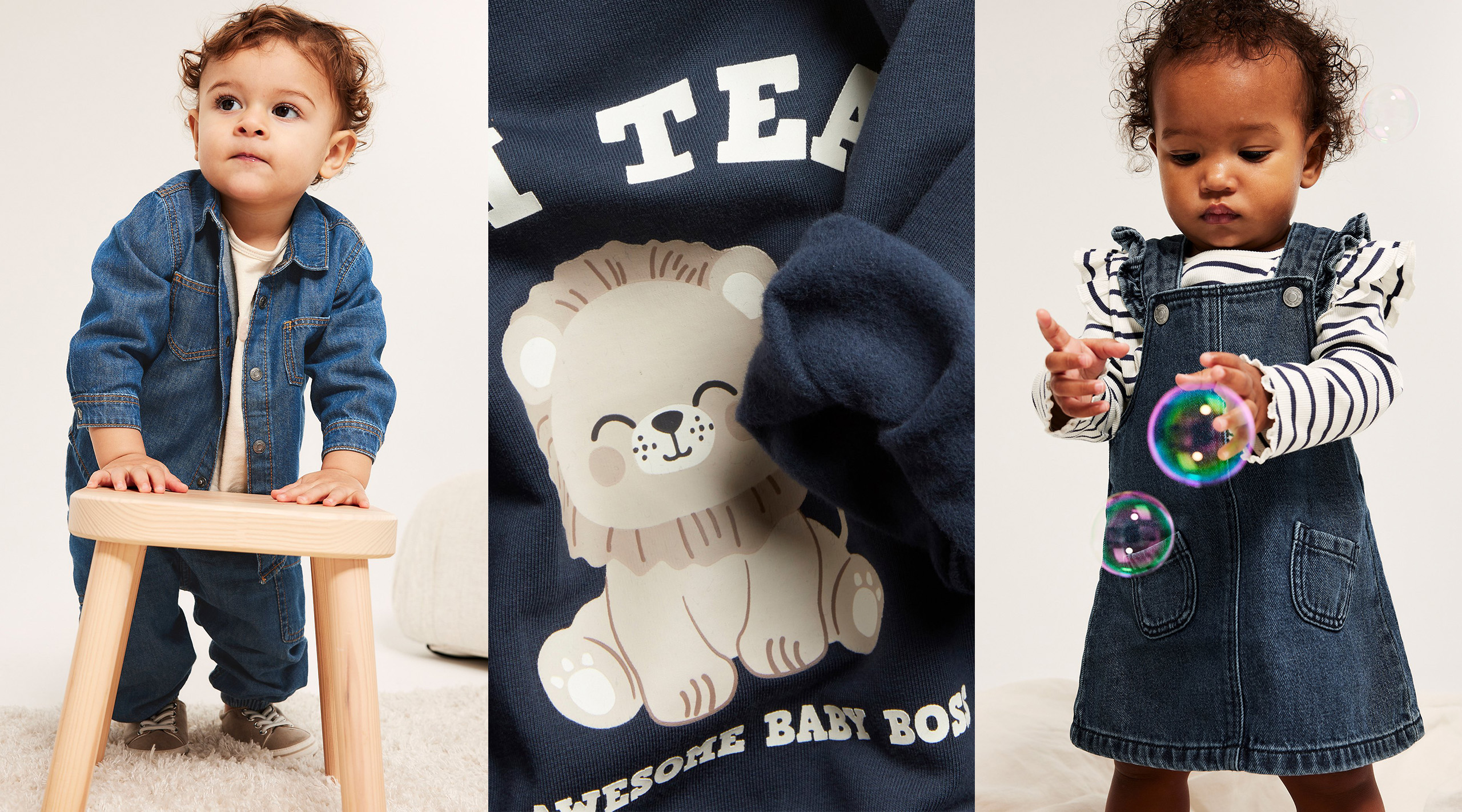 Babyer kledd i nye plagg fra Kappahl baby med blått tema.