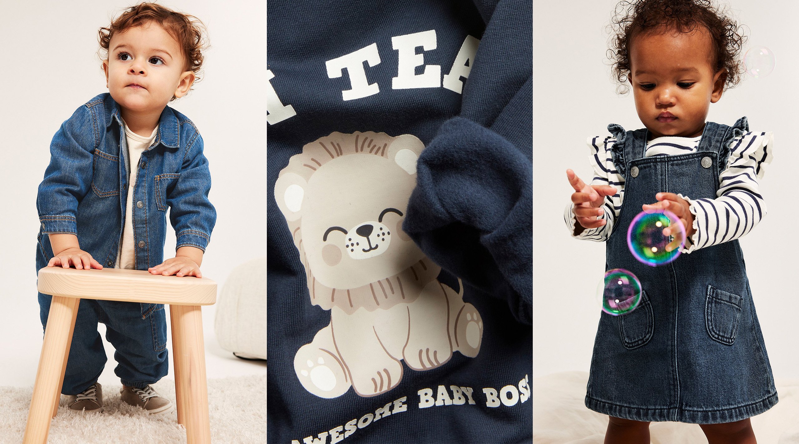 Babyer kledd i nye plagg fra Kappahl baby med blått tema.