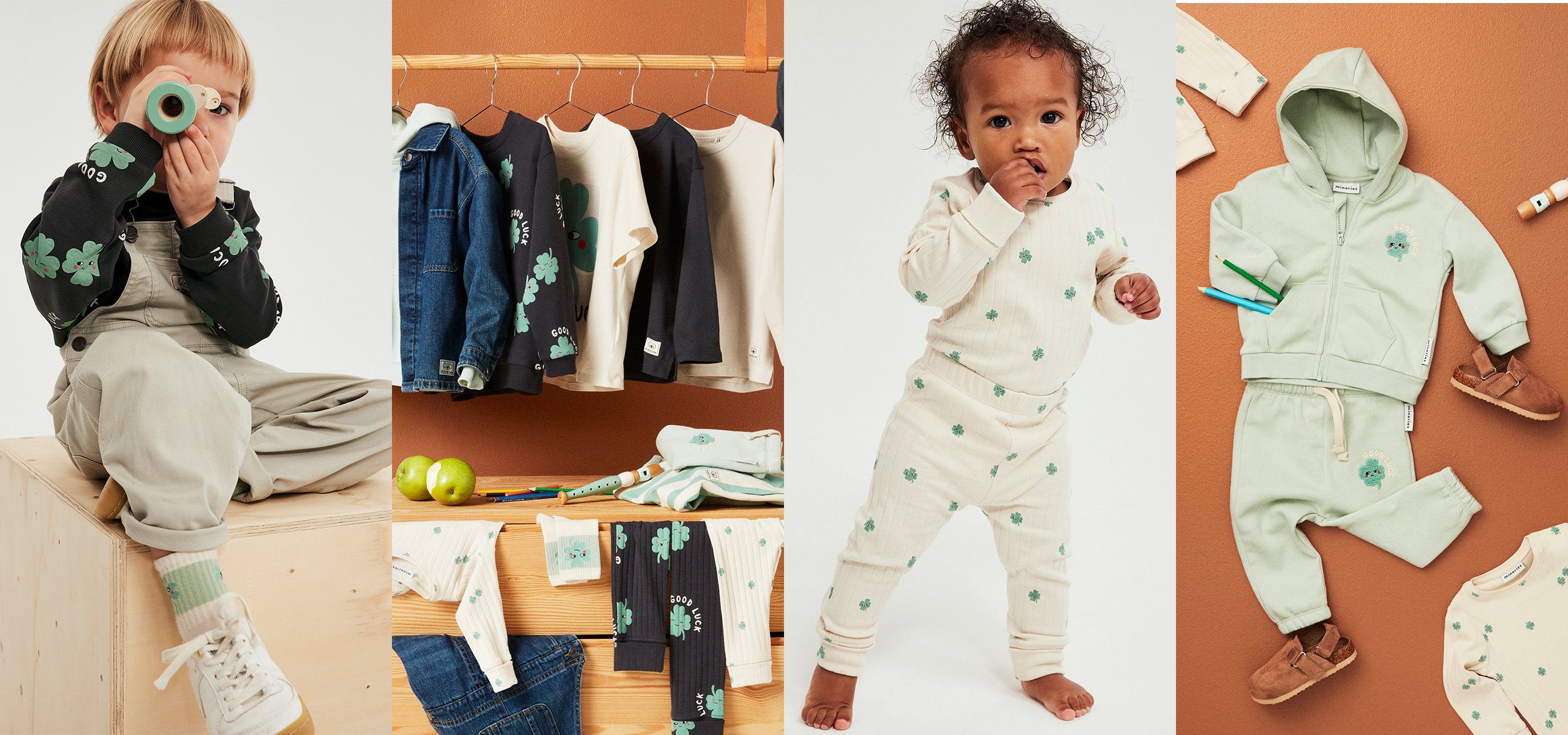 Minorien uudesta lasten ja vauvojen mallistosta löytyy nelilehtisen apilan teemalla varustettuja vaatteita.