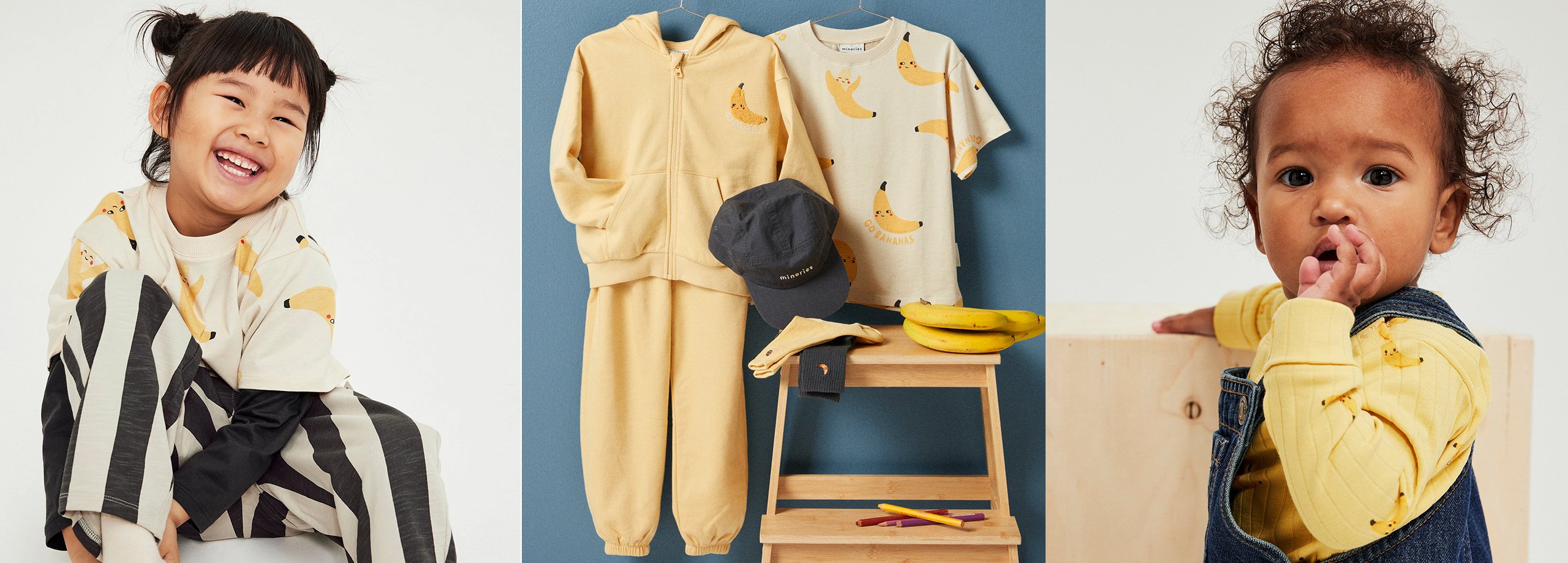 Lapset ja vauvat Minorien uuden malliston vaatteissa.