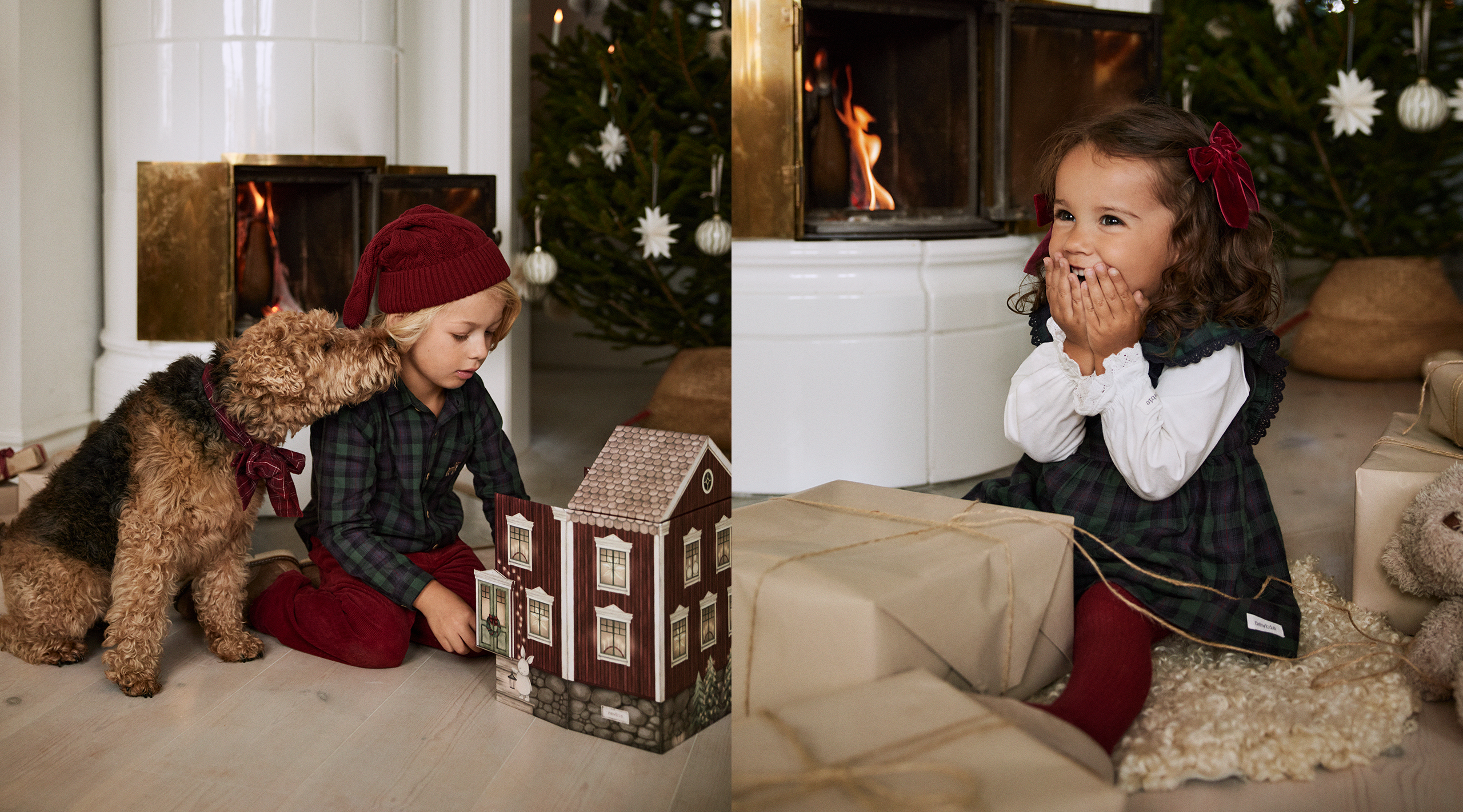 Leikkivät lapset pukeutuneina Newbie'n uuden malliston jouluvaatteisiin.