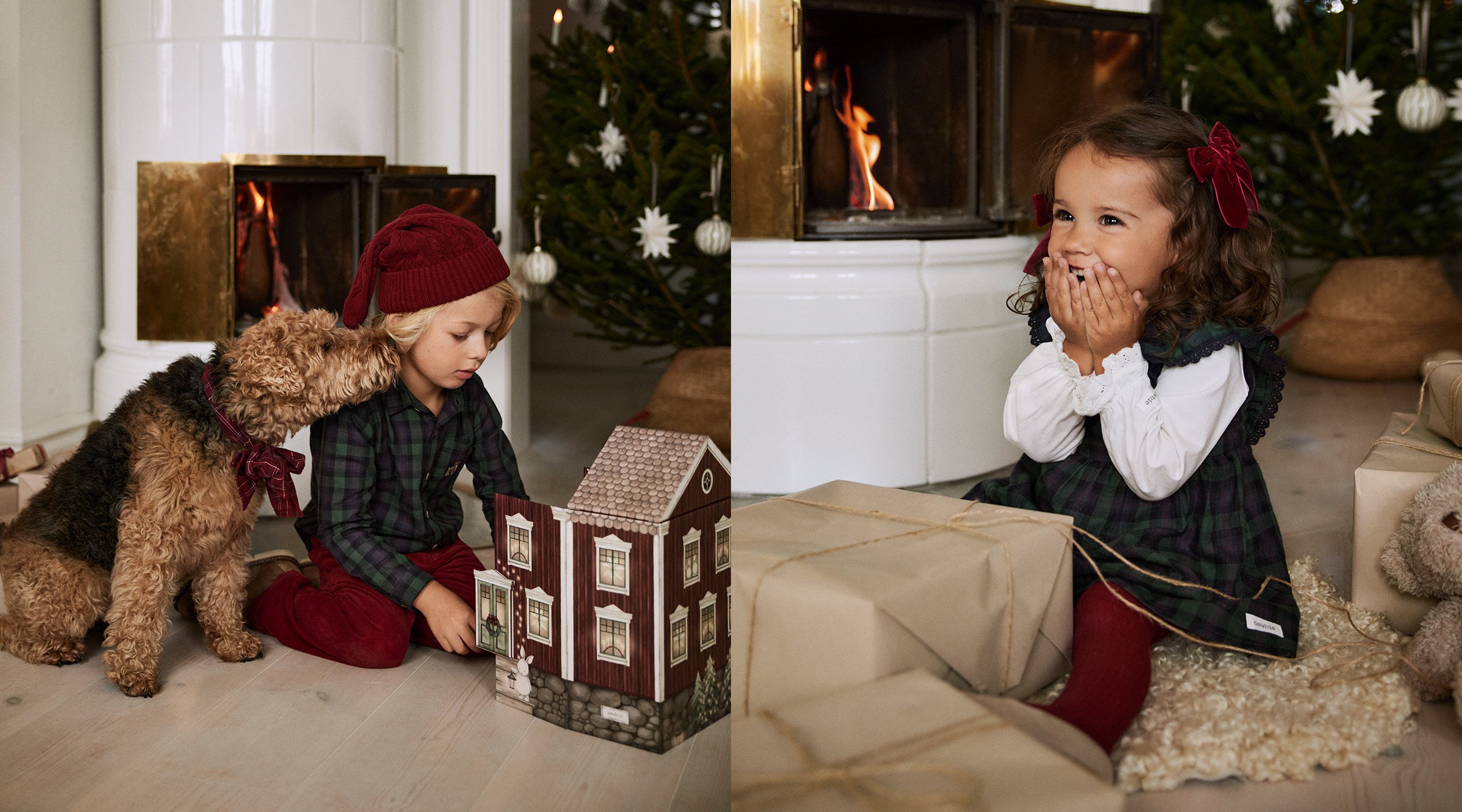 Leikkivät lapset pukeutuneina Newbie'n uuden malliston jouluvaatteisiin.