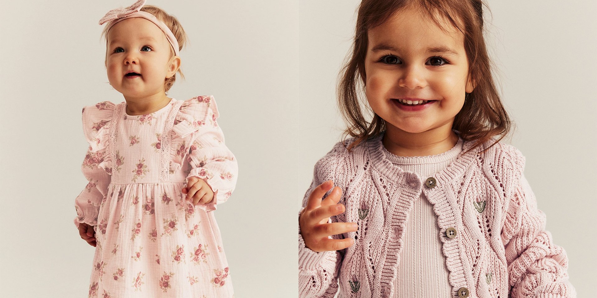 Lapsia vaaleanpunaisissa kukkakuvioisissa vaatteissa Newbien uudesta kevätmallistosta.