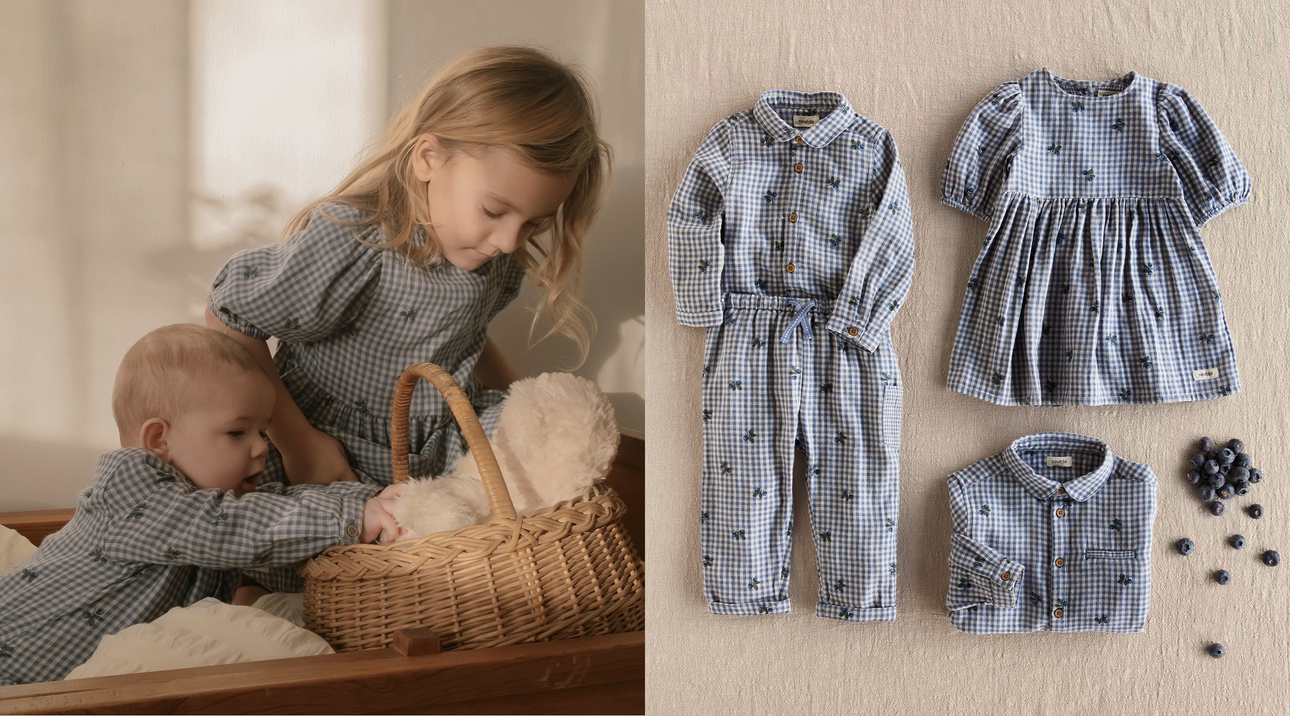 Barn og baby i klær fra Newbie med mønstre av blåbær.