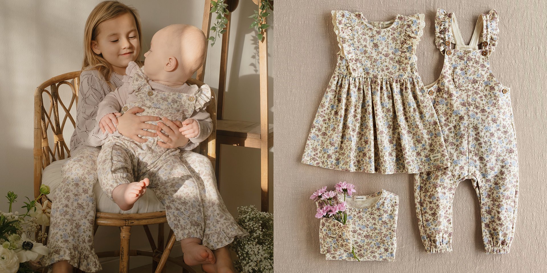Dziecko i niemowlę razem ubrane w kwiatowe nowości z nowej kolekcji Newbie.
