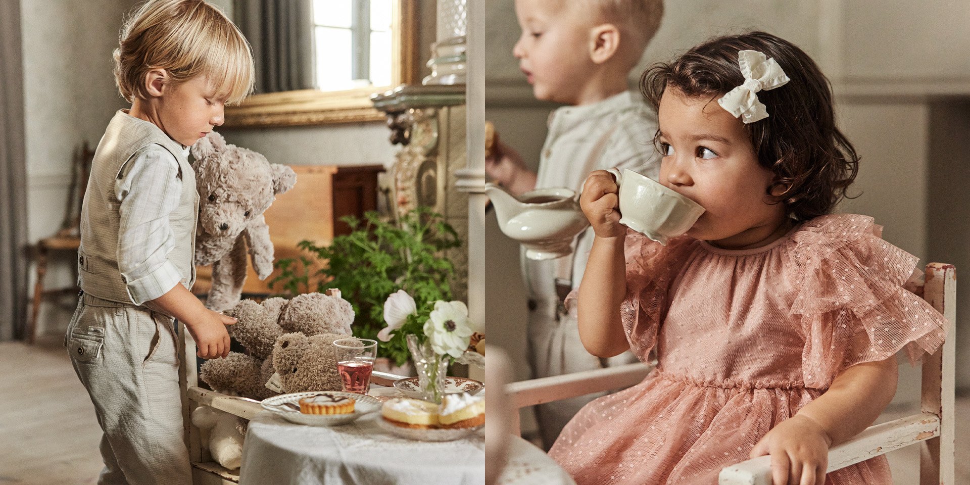 Barn som har kalasfika klädda i fesltiga kläder från Newbie.