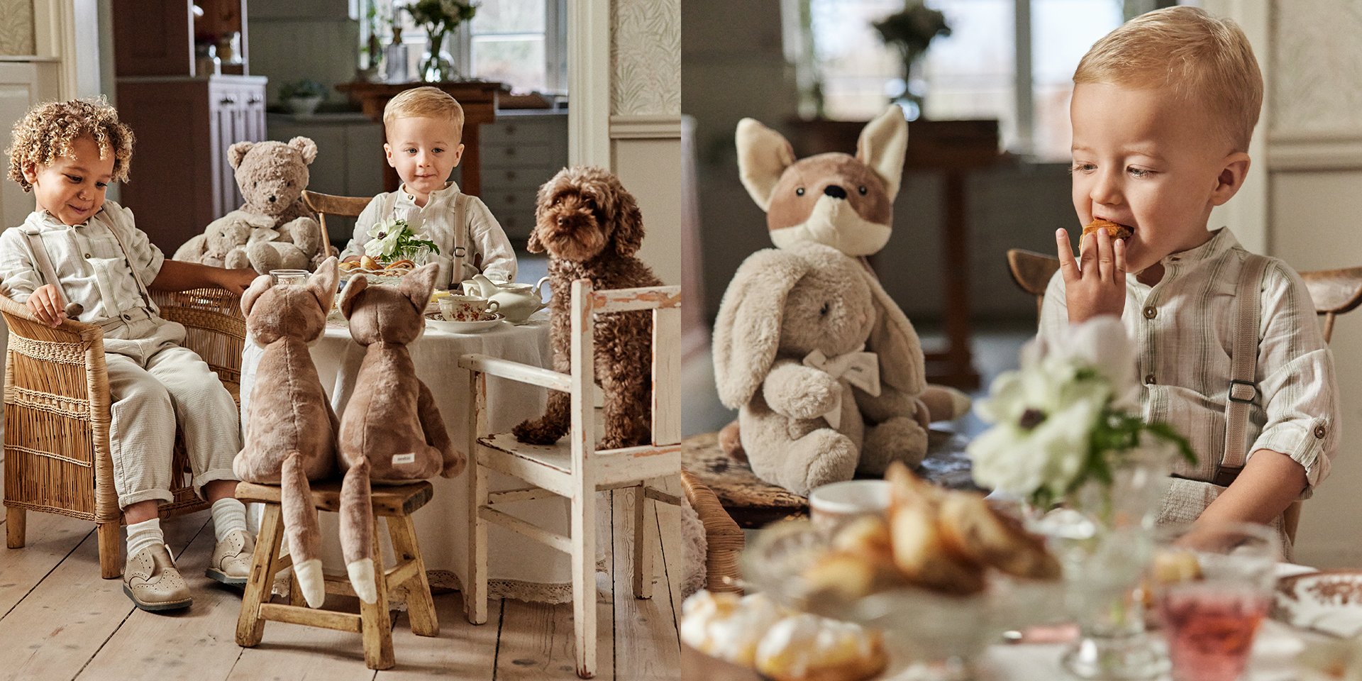 Dwóch chłopców urządza przyjęcie i pije kawę ze swoimi pluszakami.