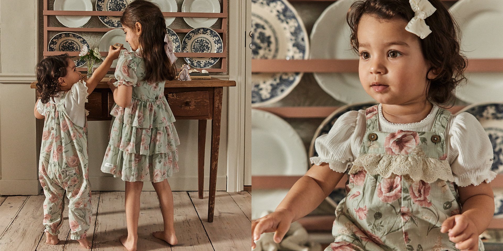 Dzieci ubrane w kwiatowe sukienki z kolekcji Newbies party.