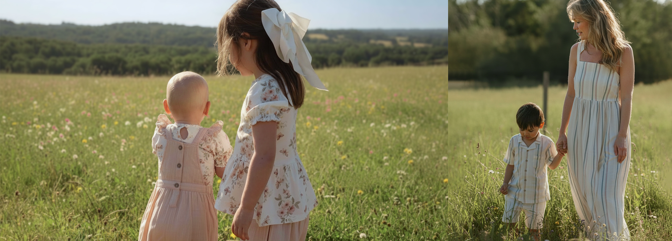 Dzieci w kwiatowych ubraniach z letniej kolekcji Newbie.