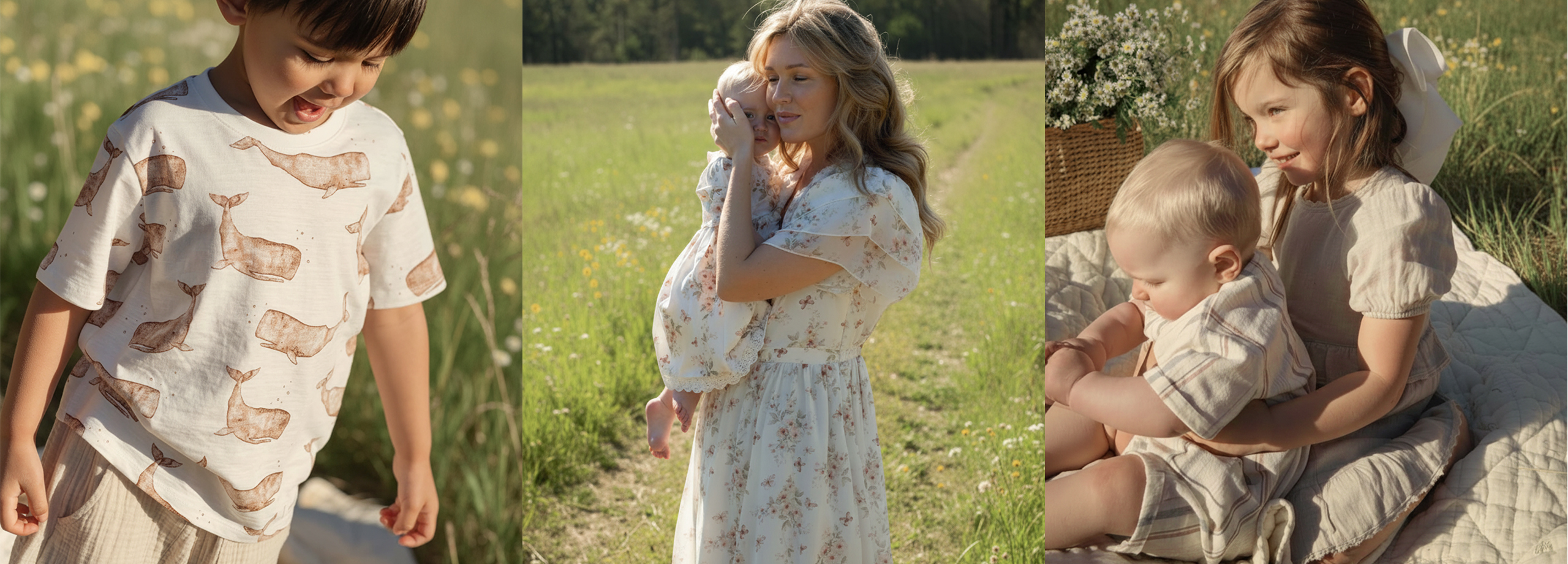 Perhe pukeutuneena kesävaatteisiin Newbie'n uudesta mallistosta.