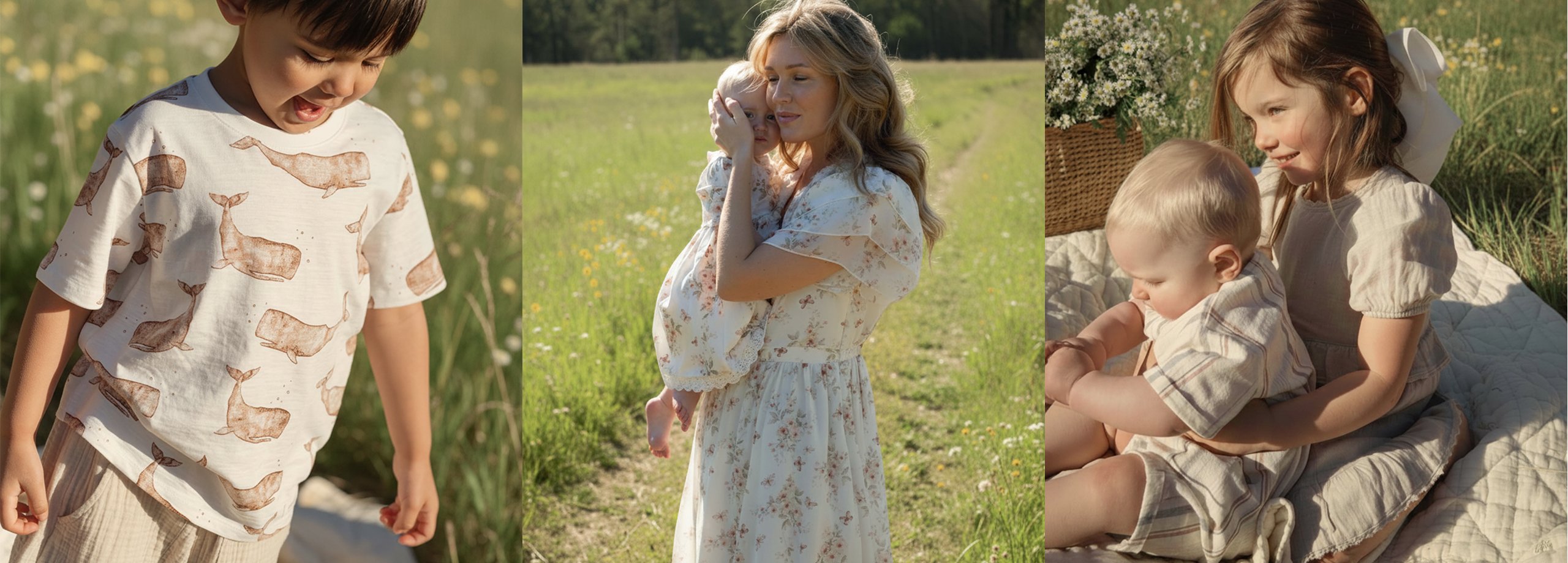 Perhe pukeutuneena kesävaatteisiin Newbie'n uudesta mallistosta.