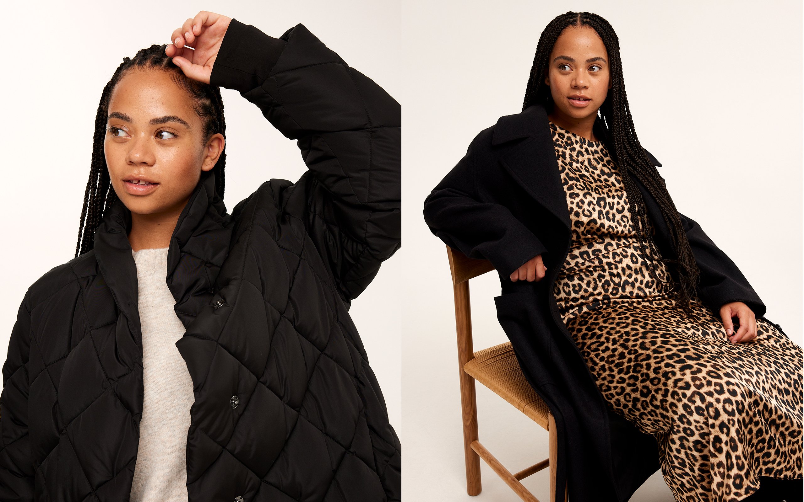 Kollage med kvinna i vinterjacka och leopardklänning